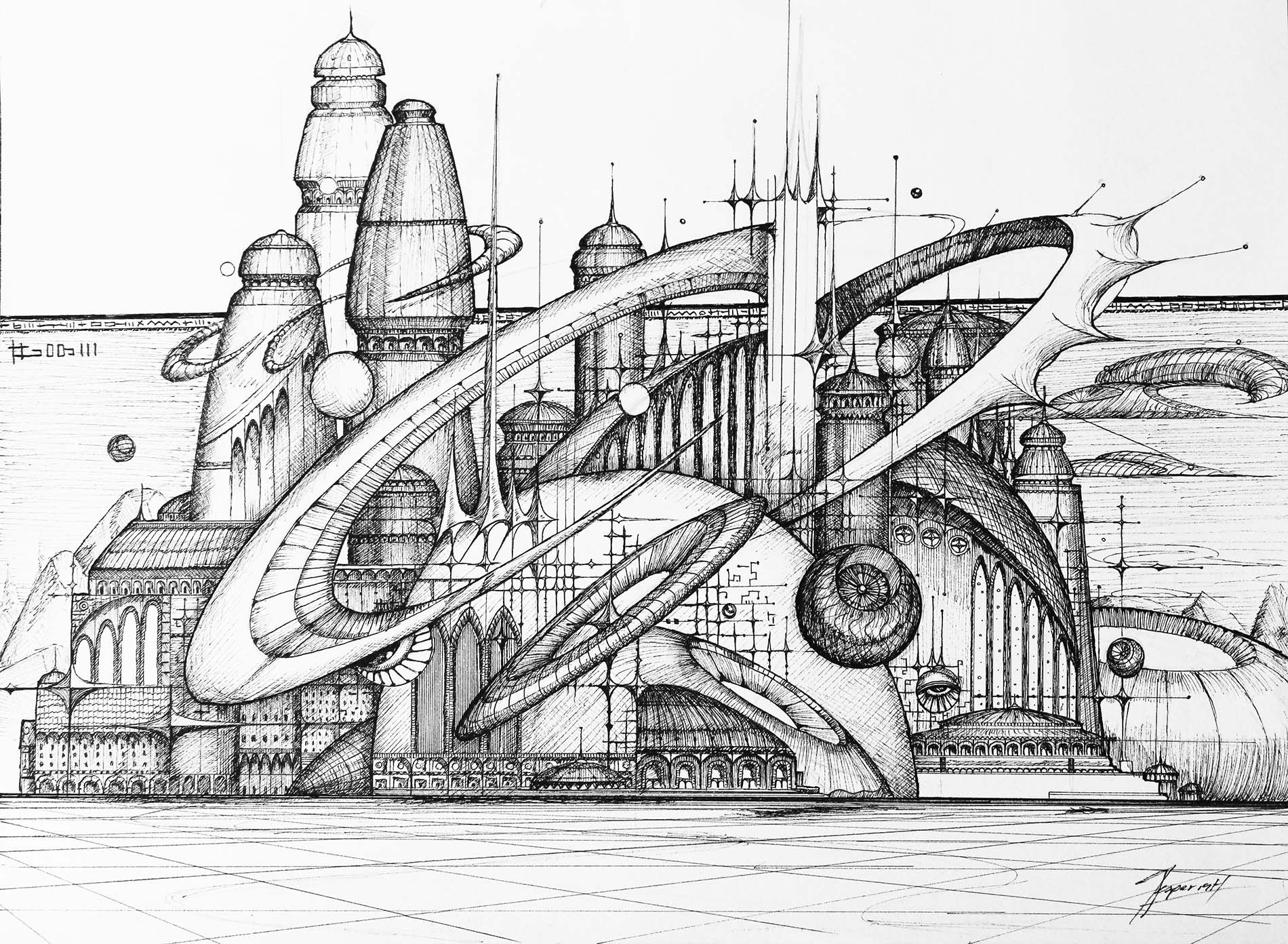 the image is a detailed pen and ink drawing of a futuristic cityscape. the city is depicted with a mix of architectural styles, ranging from gothic to modern, with many intricate details.  swirling lines and organic shapes are integrated into the buildings, creating a surreal and dreamlike atmosphere. the city is set against a background suggesting a calm body of water and a sky with celestial bodies. the overall style is highly detailed and complex, suggesting a blend of architectural precision and imaginative fantasy. the artist's signature is visible in the lower right corner.