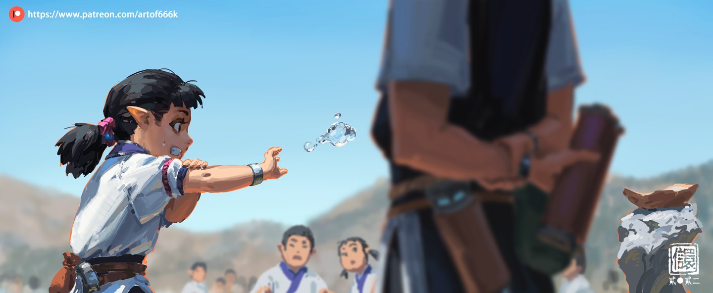 he image is a digital painting of a young girl with elflike ears, who appears to be demonstrating some kind of waterbending ability. she's wearing a lightcolored outfit with brown accents, possibly inspired by asian clothing styles. she's throwing a small orb of water. in the background there are several other figures, blurred and less distinct, as well as a partly obscured person wearing darker clothing who could be a teacher or mentor.  the background setting suggests an outdoor scene in a rural or mountainous area. in the bottom right, there's a stylized rock structure with a small bowllike object on top. the artist's patreon information is visible in the top left corner.  the overall style is painterly and expressive, with a slight emphasis on atmosphere and mood. the colors are somewhat muted and realistic. the chinese characters suggest a possible title or signature.