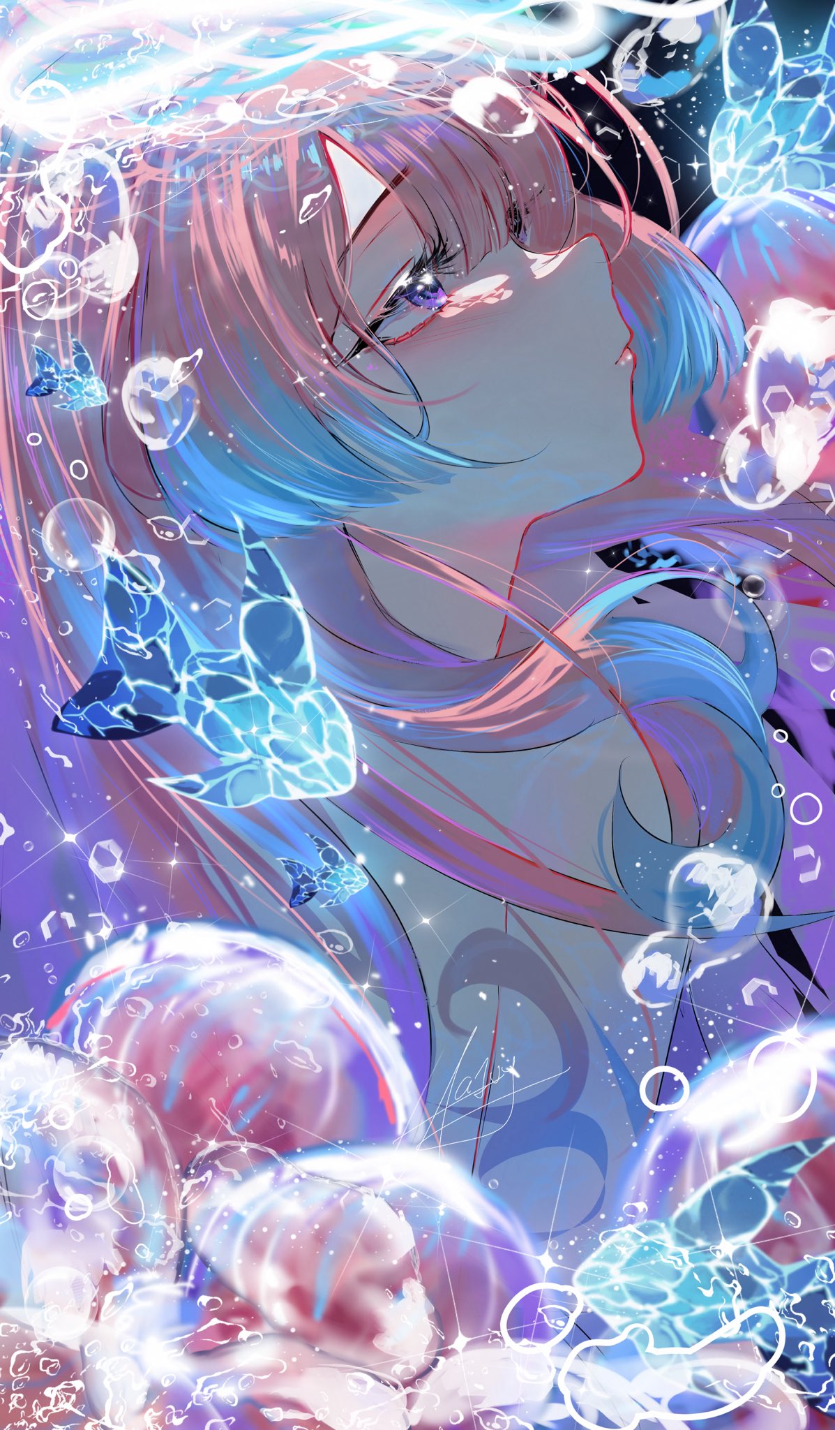 the image is a digital painting or illustration of a young animestyle woman with long, flowing hair that is a blend of pink and light blue. she appears to be underwater or surrounded by water, as numerous bubbles and jellyfishlike creatures float around her. the overall color palette is soft and pastel, with shades of pink, blue, and white dominating. the style is ethereal and dreamy, with a focus on soft light and shimmering effects. the woman's expression is serene and slightly melancholic, and her eyes are large and expressive. the background is abstract and blends with the subject, creating a unified and cohesive image. the overall mood is peaceful, magical, and captivating.