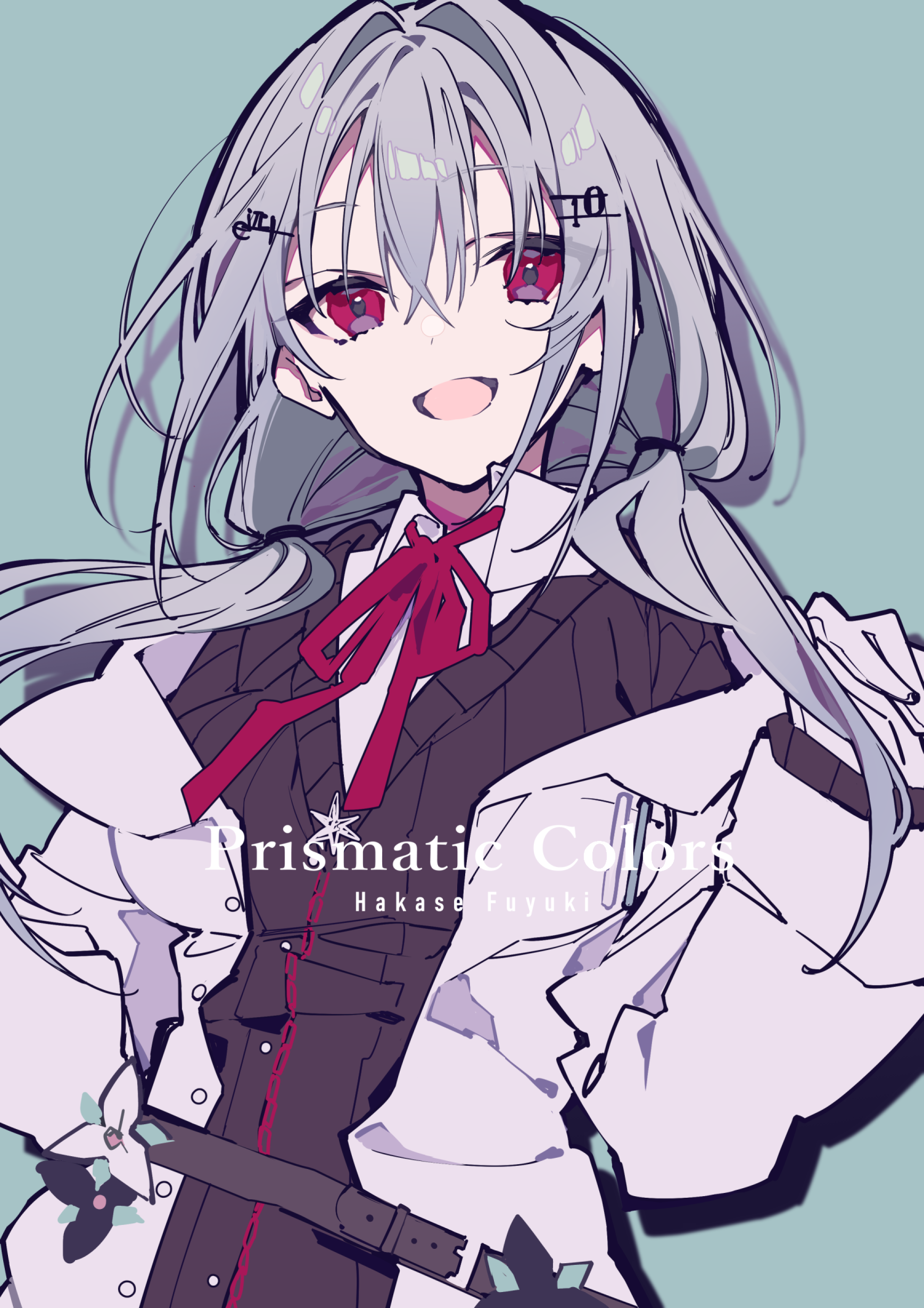 the image is an animestyle illustration of a girl with grey hair and red eyes. she is wearing a school uniform, which includes a white shirt, a dark brown jacket, and a red tie. the jacket has several buttons and is cinched with a belt at the waist. a small floral embellishment can be seen on the jacket. her hair is styled in pigtails. she is smiling. the text "prismatic colors hakase fuyuki" is written in a stylized font in the center of the image. the background is a light teal color.