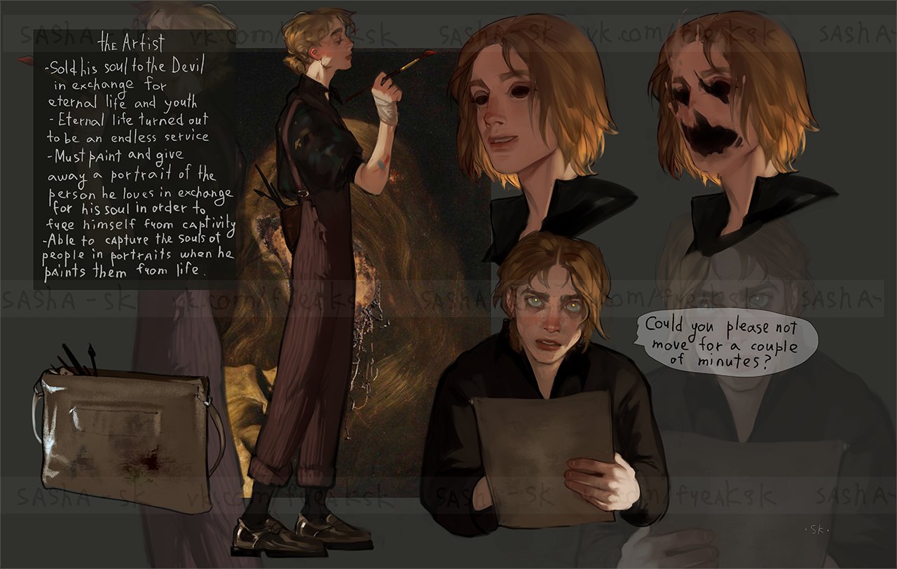 a character concept sketch of a young man who sold his soul to the devil for eternal life. he is depicted in various poses, with text explaining his backstory and abilities. the style is reminiscent of traditional art with digital coloring.