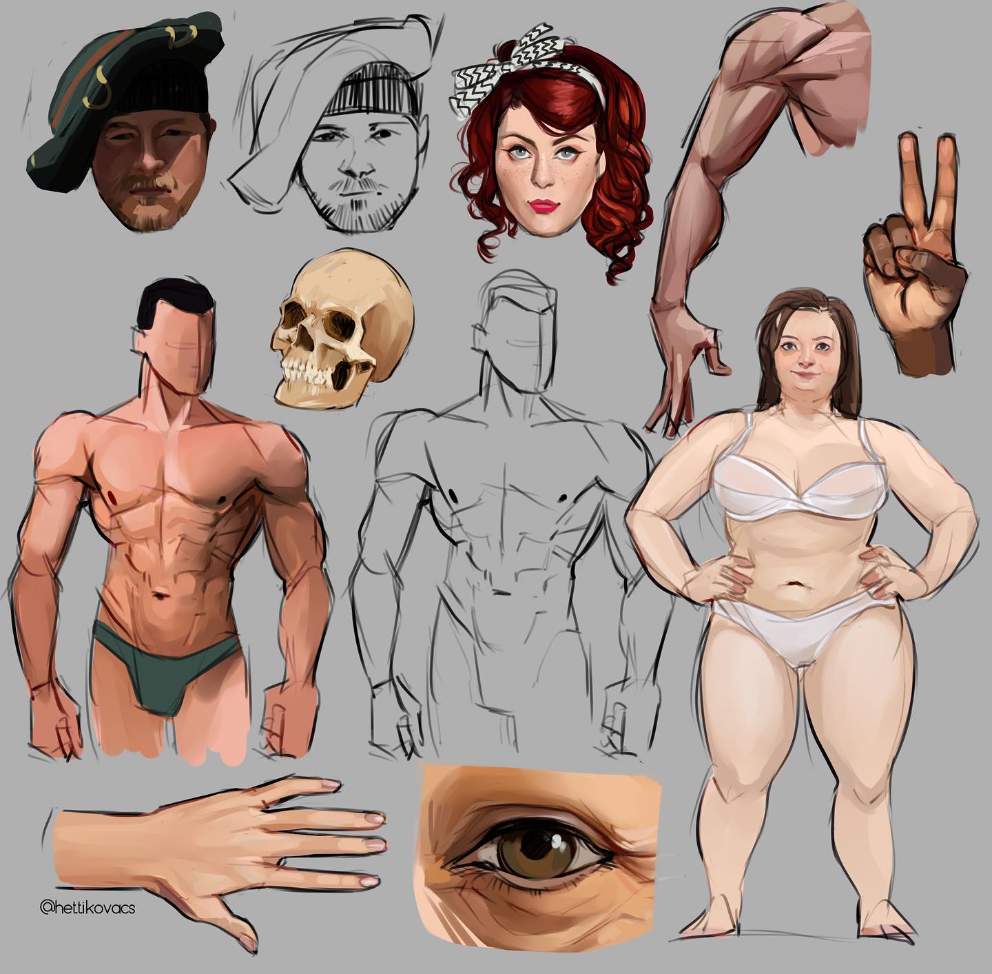 the image is a collection of digital paintings and sketches focusing on human anatomy and figure drawing.  it showcases various studies of different body parts, including: heads: several head studies are present, showing different angles, expressions, and styles (realistic and slightly cartoonish).  one shows a skull. torsos: both male and female torsos are depicted, with varying levels of detail in muscle definition and rendering. one torso is a simple line drawing for structure. arms and hands: arms and hands are featured in different poses, displaying varying levels of muscularity and texture. full figures:  a male and a female figure are shown, representing different body types (muscular and average build). facial features:  a closeup study of an eye and surrounding wrinkles is included.the overall style appears to be a mix of realism and slightly stylized approaches, showing the artist's exploration of form, structure, and expression in the human body. the pieces work together as a comprehensive reference sheet for learning anatomy and figure drawing.