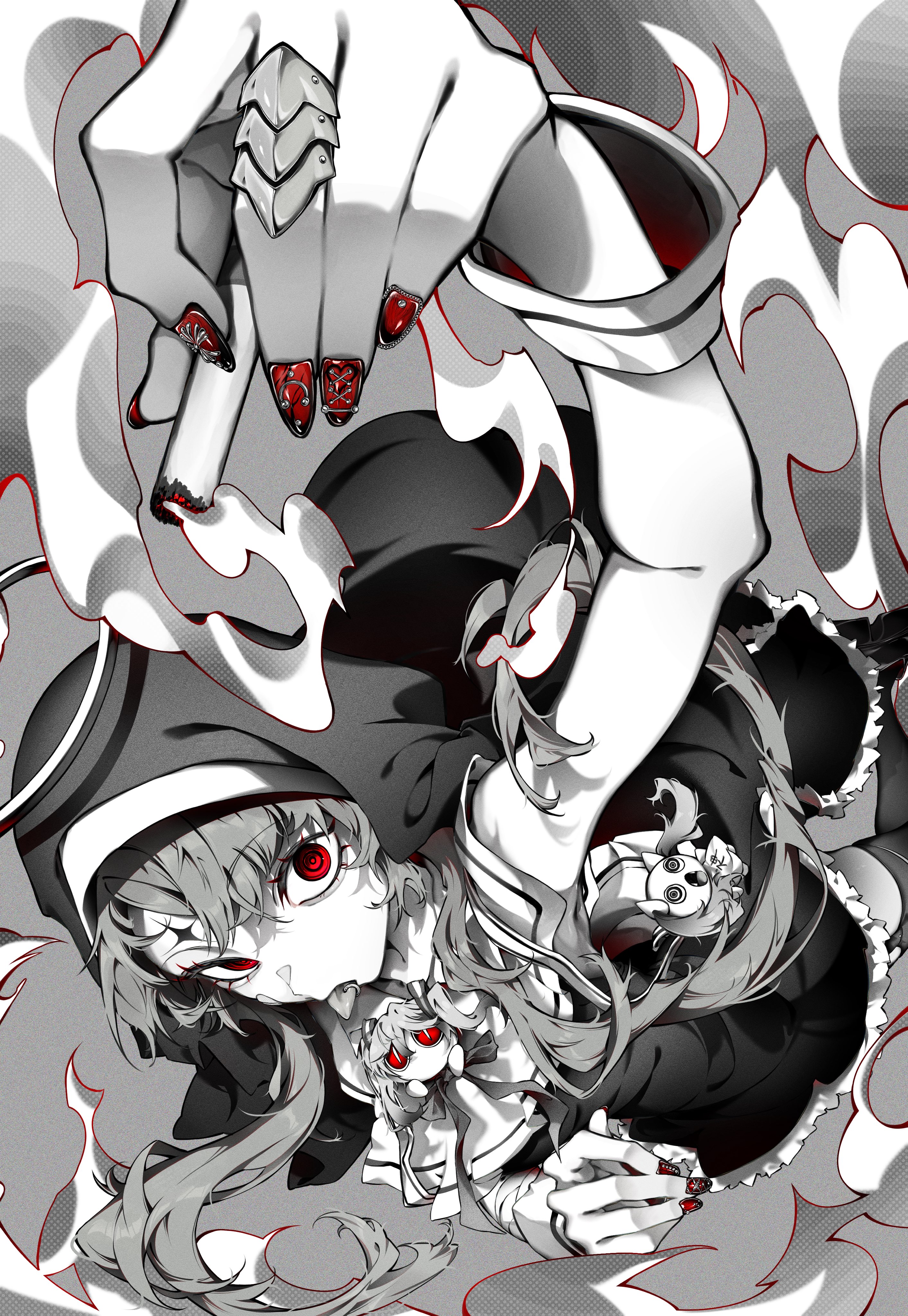 an animestyle illustration of a menacing girl with red eyes. the girl is dressed in dark clothing, possibly a hooded cloak. she holds a doll with similar red eyes. above her, large hands reach down, one with armored fingers and redpainted nails. the image is predominantly grayscale with red accents in the eyes and nails. the overall impression is dark and slightly unsettling.