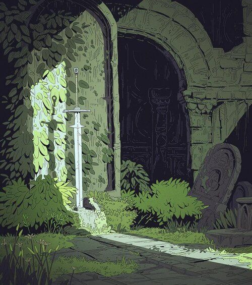 a stylized image depicts a scene of fantasy or ruins, featuring a stone path leading towards an overgrown archway. a sword is embedded in the ground beside the archway, bathed in sunlight that contrasts with the shadows within the arched entrance and surrounding vegetation. a tombstone is positioned to the right, suggesting an ancient or abandoned place. the art style is graphic with bold lines and a cartoonlike aesthetic.