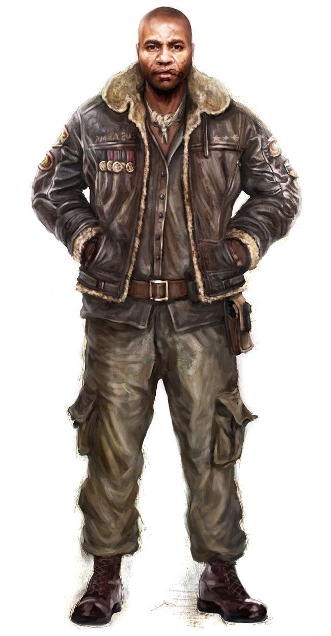a man in a military outfit stands with his arms crossed, his tough expression suggests a serious attitude and determination. he is wearing a leather jacket with fur lining, a military belt with a buckle, and dark brown combat boots. the pose emphasizes his strength and readiness, while the white background highlights the subject.