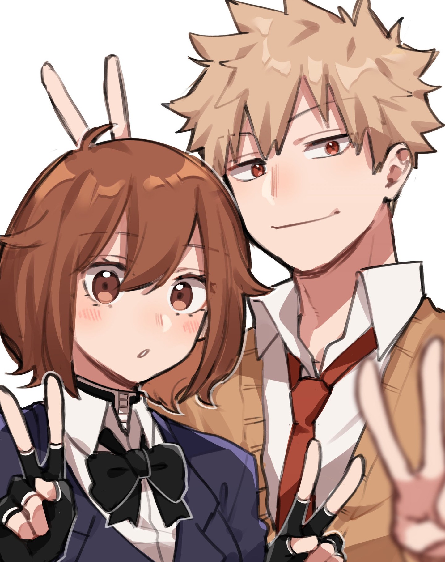 the image is a digital fanart depicting a closeup of a young couple, seemingly inspired by the anime my hero academia. the male character strongly resembles bakugo katsuki, with his signature spiky blonde hair and intense red eyes. he is wearing a tan cardigan over a white shirt and red tie. the female character is an original design (oc) with shoulderlength brown hair, brown eyes, and is wearing a dark navy school uniform with a black bow tie.  both characters are making peace signs with their hands, suggesting a fun, playful selfiestyle pose.  the art style is soft and slightly stylized, common in animeinfluenced artwork. the overall mood is sweet and affectionate.