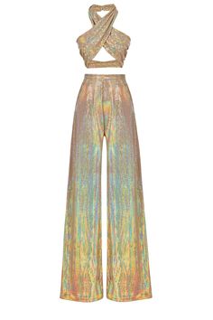 a gold, iridescent halter top and wideleg pants set with sequins. the outfit is sparkly and perfect for a formal event like a party or cocktail hour. the pants have a wide leg and a high waist. the top is a halter style with a crossover front. the overall look is very glamorous and chic.