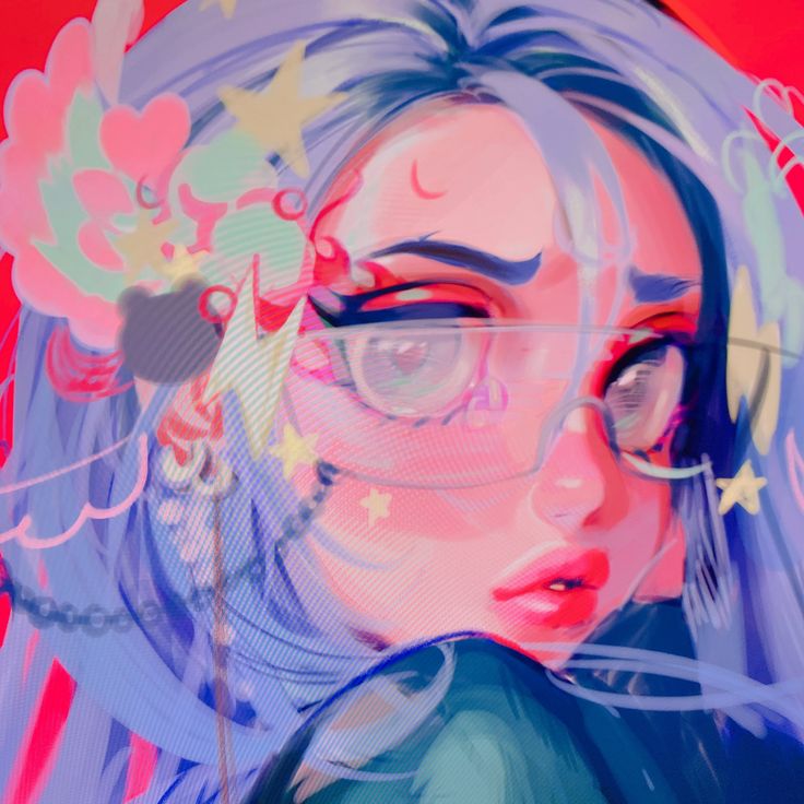 a digital illustration of an anime girl with long blue hair and pink highlights. she is wearing colorful glasses, and the background is filled with whimsical stars, clouds, and hearts.