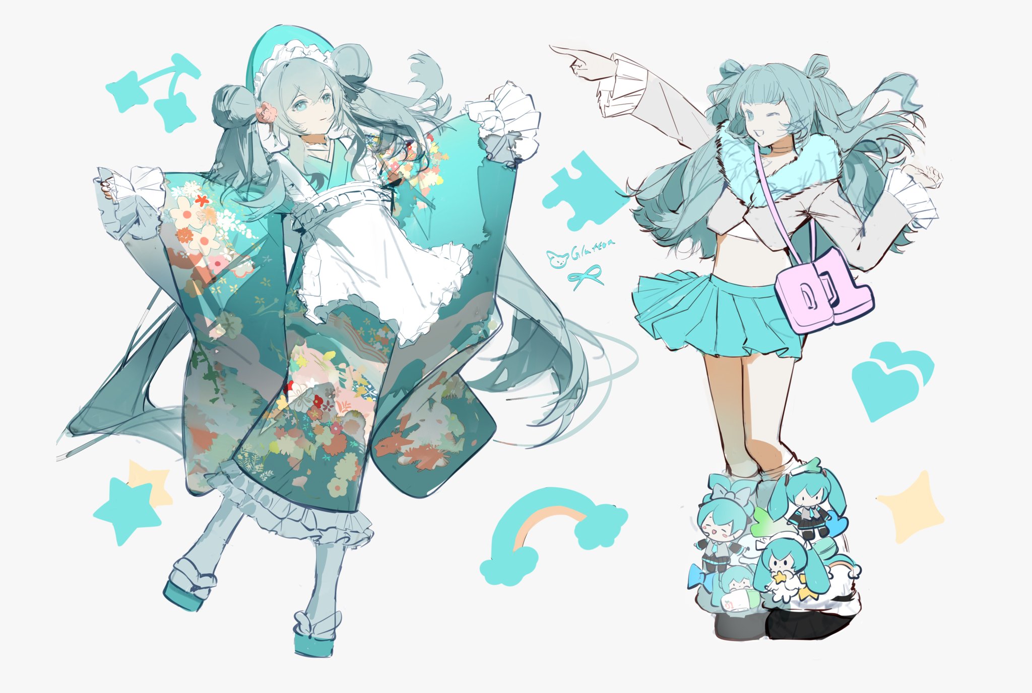he image contains a digital illustration showcasing two animestyle female characters. the character on the left is depicted wearing a teal kimono with floral designs, an apron, and her hair styled in buns.  the character on the right wears a casual outfit with a teal skirt and top, a fluffy white collar, and light pink boots adorned with smaller versions of herself.  both characters have long teal hair and share similar facial features.  various pastelcolored elements including hearts, stars, a puzzle piece and a rainbow are scattered around them, contributing to a playful and whimsical aesthetic. the overall style is soft and light with a focus on pastel colours. the artwork likely portrays a character in two different outfits or a character's different personality aspects.
