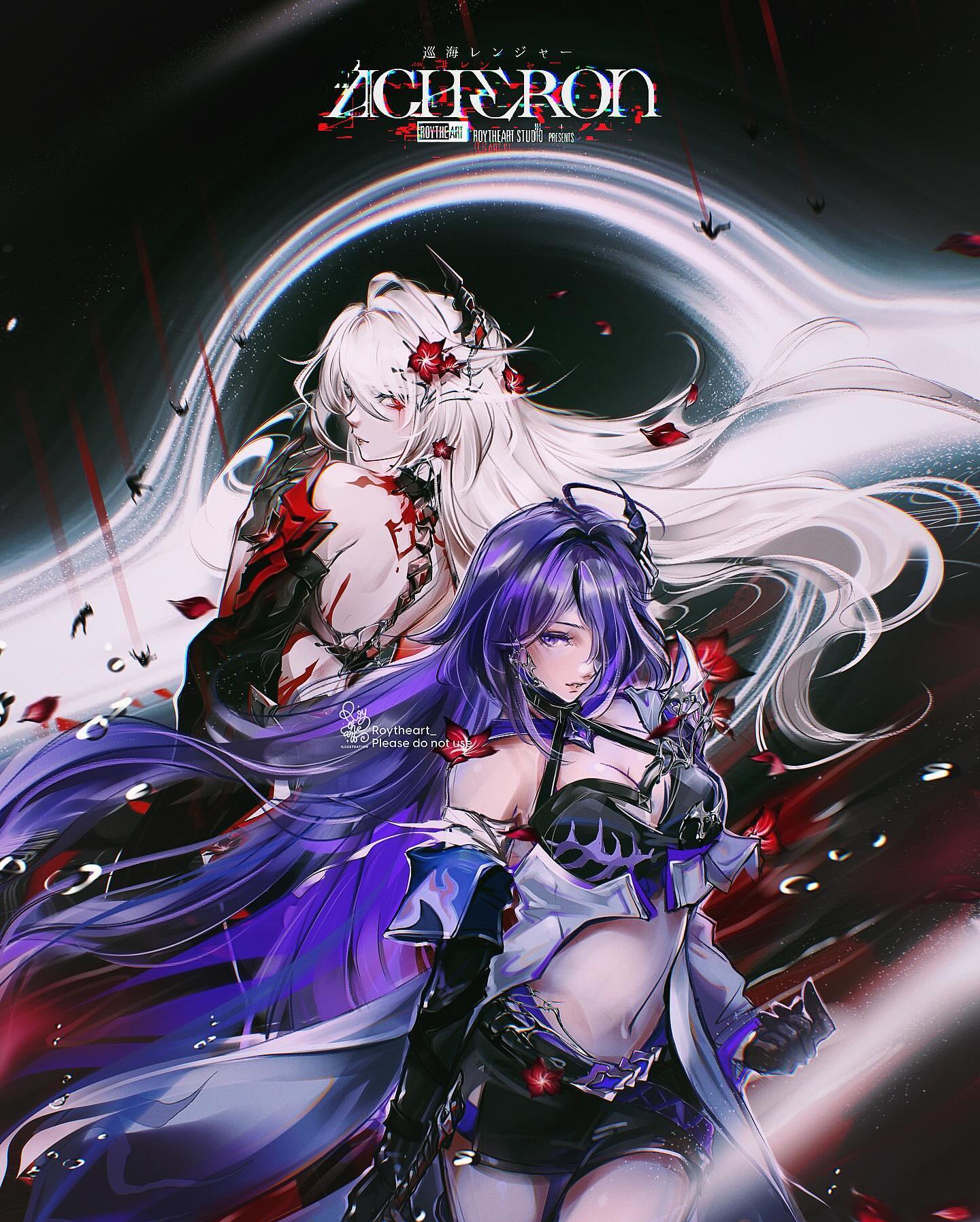 the image is a vibrant piece of digital fantasy art featuring two animestyle female characters. one has long, flowing white hair adorned with dark red flower accents and is dressed in a dark, gothicstyle outfit with red accents. the other character possesses long, vibrant purple hair and wears a more revealing but equally elaborate outfit featuring black and white hues and similar red accents.  both are depicted in dynamic poses with flowing hair and clothing, suggesting movement and action. the background features dark, swirling patterns and hints of red, emphasizing the dramatic mood of the artwork.  the title "acheron" is prominently displayed at the top, suggesting a connection to a game, series, or story. the overall style is highly stylized and detailed, emphasizing both the characters' elegance and power.