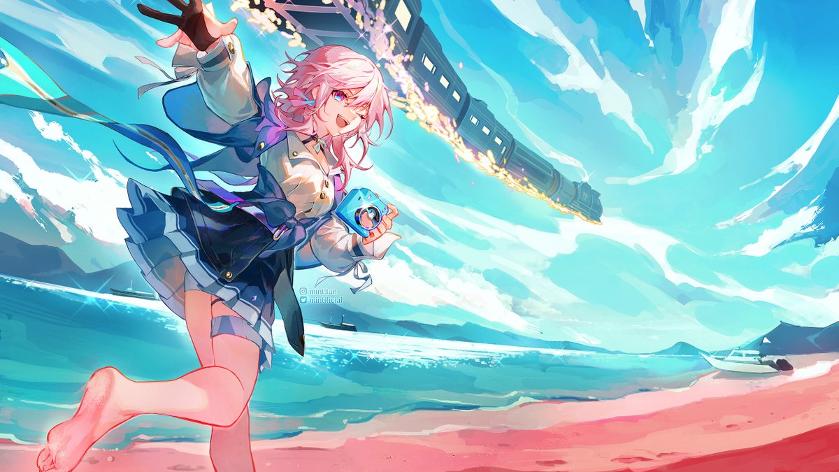 the image is a digital illustration of an anime girl with pink hair running on a beach. she is wearing a blue and white school uniform and holding a camera. the sky is blue with white clouds, and the ocean is blue and turquoise. there is a boat in the distance and a large object in the background that looks like a train or rocket. the overall style is whimsical and vibrant, with a lot of color and motion.