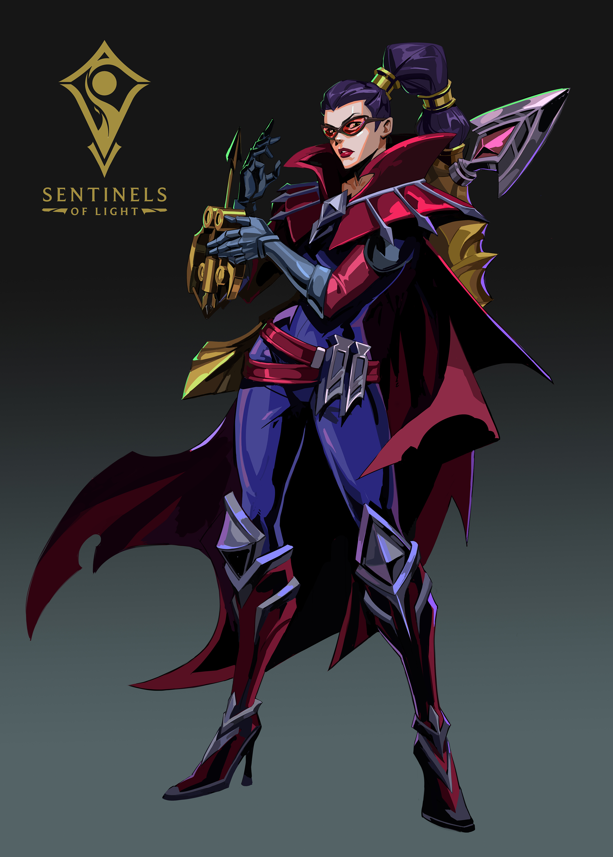 the image is a stylized digital painting of riven from league of legends, specifically her sentinels of light skin. she is depicted in a dynamic pose, holding a weapon that appears to be some kind of crossbow or repeating rifle.  riven is wearing a dark, flowing cape over a bodysuit of purple and red with gold accents, and armored boots. the overall color palette is dark and rich, with deep purples, reds, and golds. the background is a simple, dark gray, allowing the character to stand out prominently.  the "sentinels of light" logo is present in the upper left corner. the art style is sharp and detailed, with strong lines and a focus on the character's confident and powerful presence.