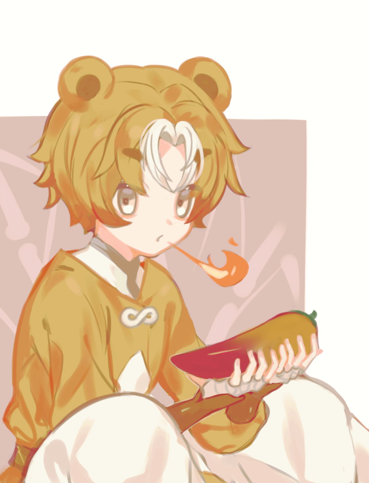 a cute, cartoon, young, anime girl with yellow hair, wearing a yellow and white shirt, with brown ears, holding a red pepper in her hands and smiling. the background is pink and white.
