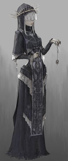 a woman in elaborate gothicinspired religious attire stands facing right, her head turned to the viewer.  she holds a pendant in her left hand. she wears a black dress with white trim and a long, ornate stole. a crown of thorns rests on her head, partially obscuring her eyes. the background is a muted grey.