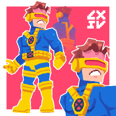 a pixel art depiction of the xmen character cyclops. he is shown in his classic blue and yellow costume with three different poses against a bright pink background. the art style is reminiscent of old video games.