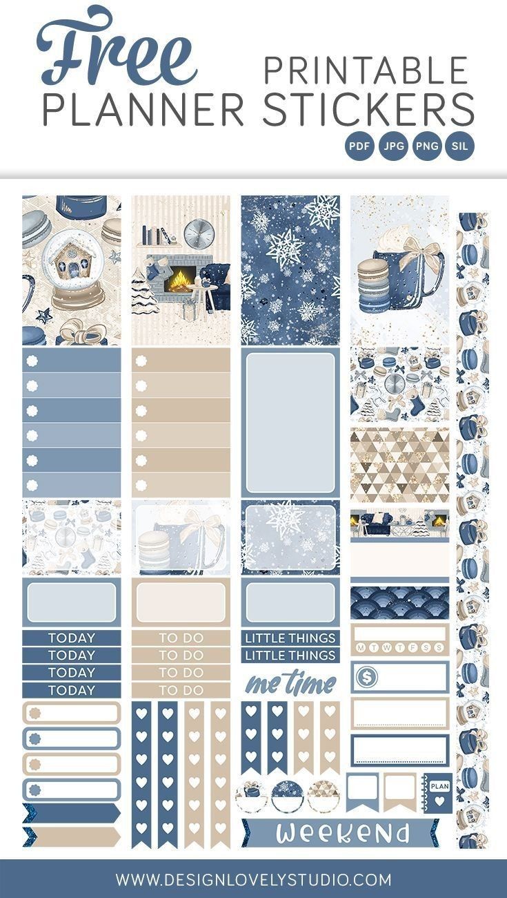 his image showcases a set of free printable planner stickers with a winter theme. the stickers feature a variety of designs including snow globes, fireplaces, hot cocoa mugs, snowflakes, and other cozy elements. the color palette is a mix of blues, beiges, and neutrals, creating a minimalist and aesthetically pleasing look.  the stickers are designed to be compatible with various planner sizes.  the image includes a website address for download.  the available file formats are pdf, jpg, png, and sil.