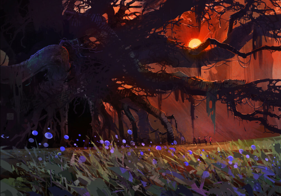 the image is of a large, silhouetted tree with its branches reaching out over a field of blue flowers. the sun is setting in the background, casting a warm glow over the scene. a small group of people are gathered in the distance at the base of the tree. the overall feeling of the image is one of mystery and enchantment.