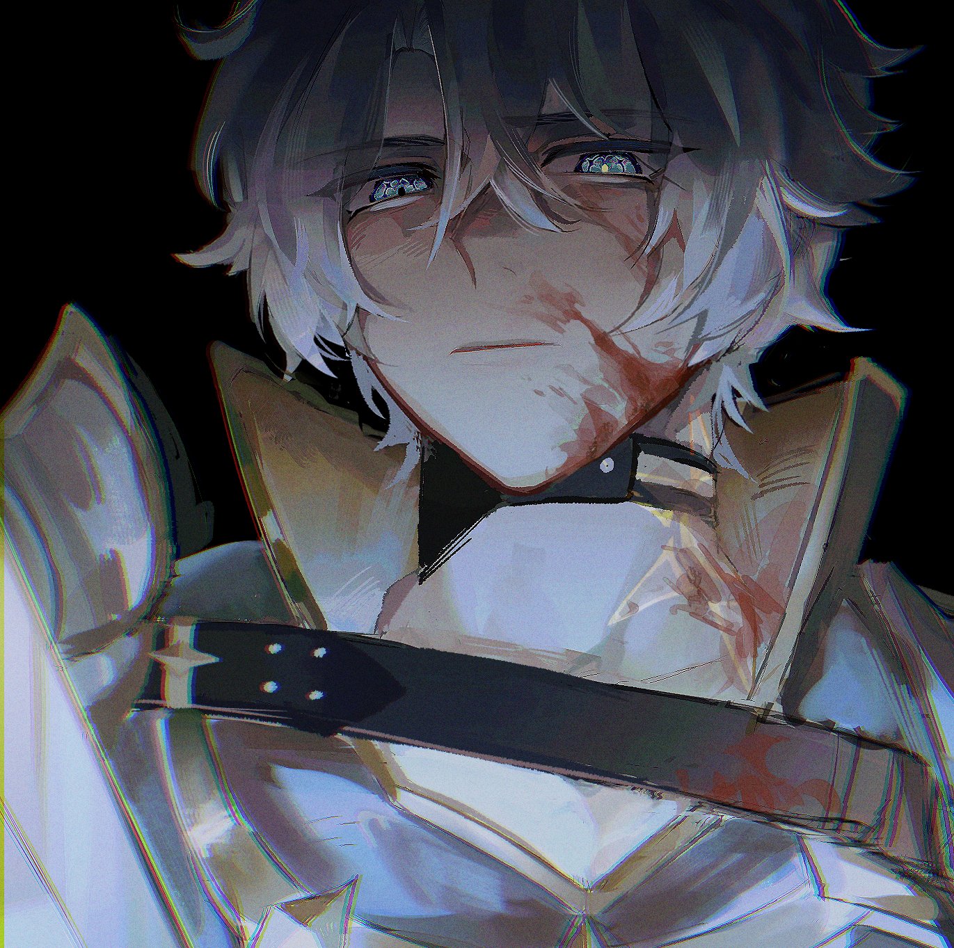 an animestyle illustration of a wounded male knight. he has short, messy hair and blue eyes that appear sad or distressed. he's wearing detailed armor, including shoulder plates, and a collar or strap around his neck. there is blood on his face and armor, suggesting he's been in battle and is wounded. the overall tone of the image is somber and reflects the knight's distress.