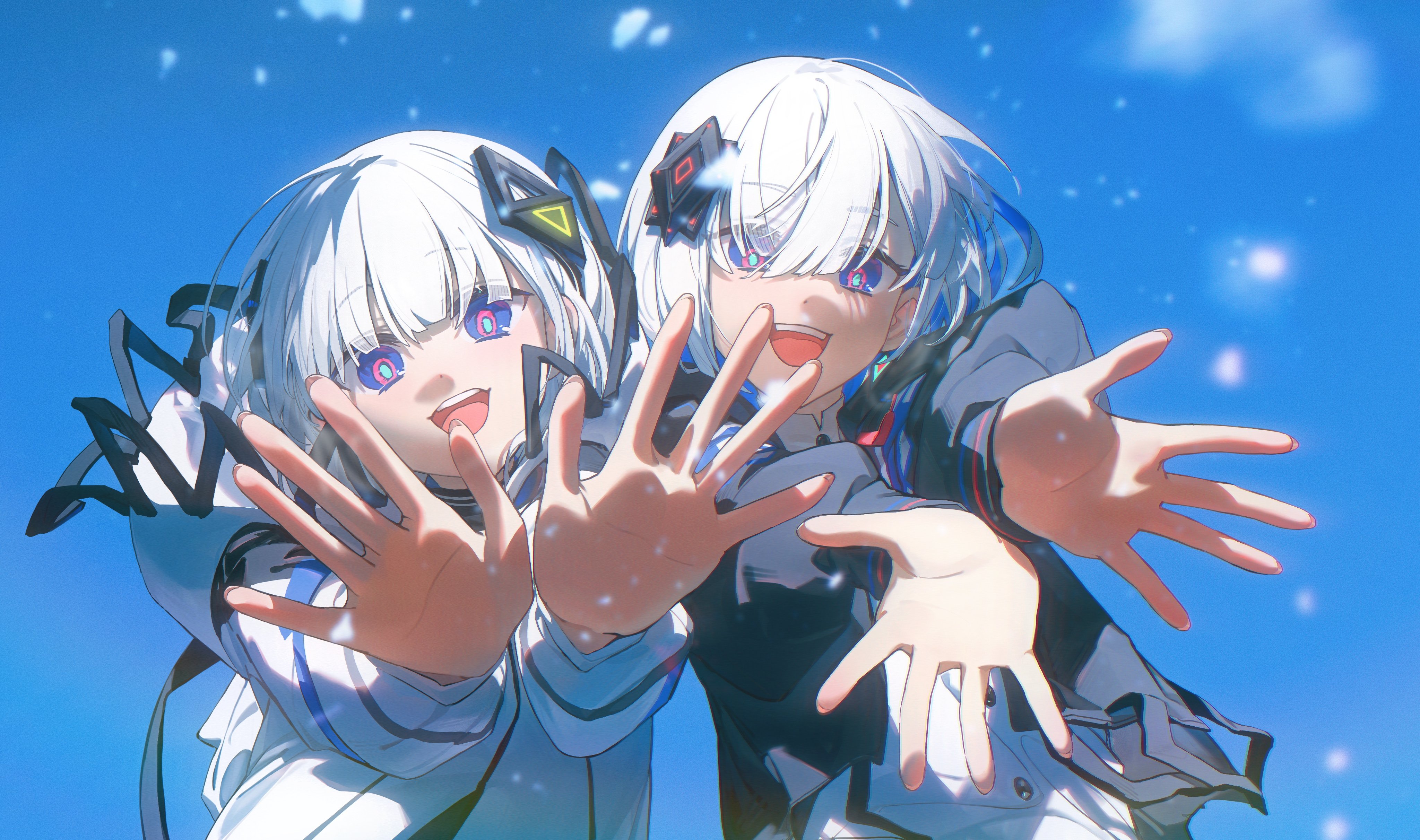 two anime girls with white hair and futuristic headwear are smiling and reaching out their hands towards the viewer against a bright blue sky. their expressions are cheerful, and the overall image has a vibrant and energetic feel.