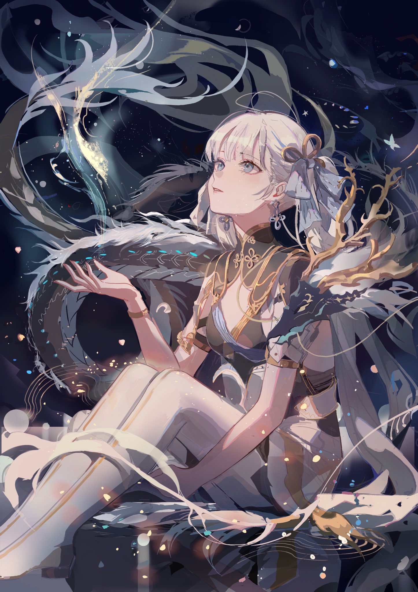 the image showcases a stunning digital illustration of an animestyle girl. she possesses long, flowing white hair, and her attire is elaborate and ornate, combining dark and golden elements with flowing fabrics that suggest a fantasy setting. she is seated, and her pose is graceful.  a pale, glowing, dragonlike or serpentine creature wraps around her, extending from her shoulder and seemingly connected to a celestial light source above her. the background is dark and filled with twinkling stars and sparkles, enhancing the magical and ethereal atmosphere. the overall style is highly detailed and reflects a polished, professional aesthetic.