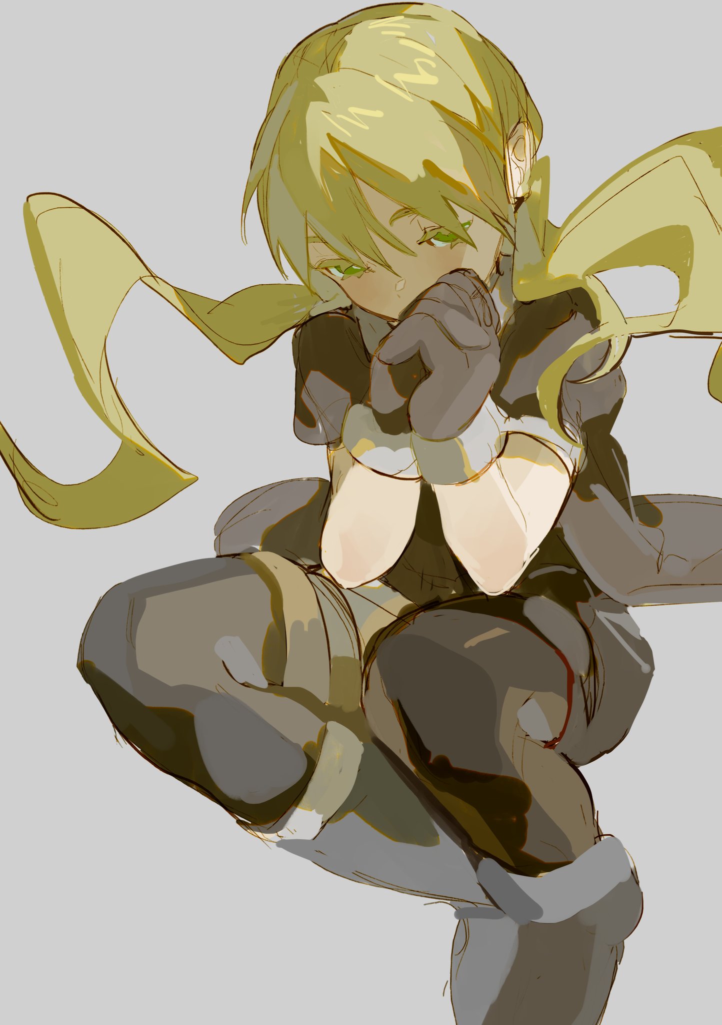 this illustration showcases an anime girl with blonde hair and green eyes. she's dressed in a dark outfit with gloves and is sitting with her hands clasped together, giving a sense of mystery and intrigue.  the digital art style is characterized by soft, flowing lines and subtle color transitions. the background is a simple light gray, allowing the focus to remain on the character.