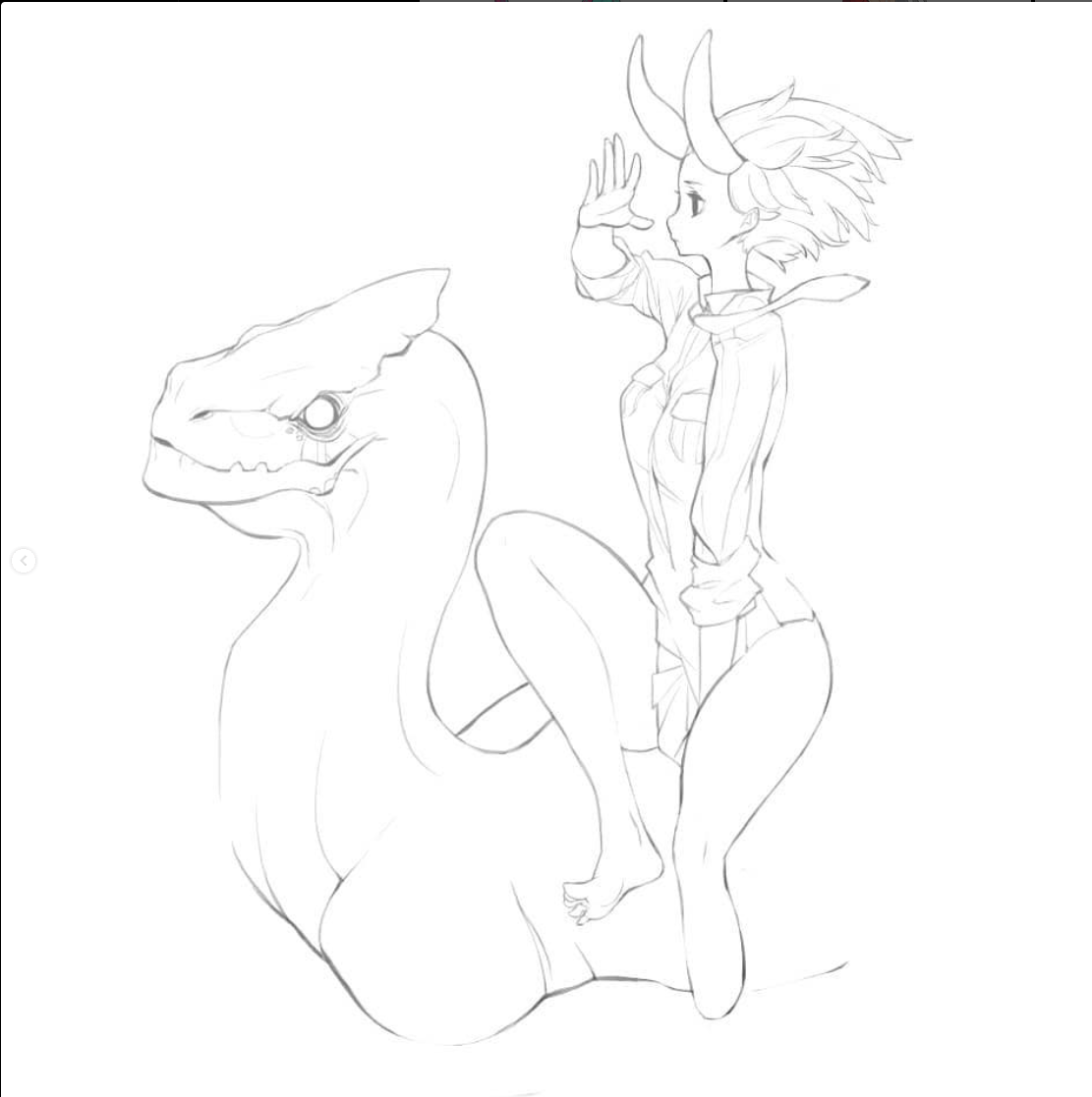 a line art drawing of a girl with horns riding a dinosaurlike creature. the girl is looking out into the distance, shielding her eyes with her hand. she is dressed in a shortsleeved shirt and shorts. the dinosaurlike creature has a long neck and tail, and its body is curved in a crescent shape. the drawing is done in a manga or anime style.
