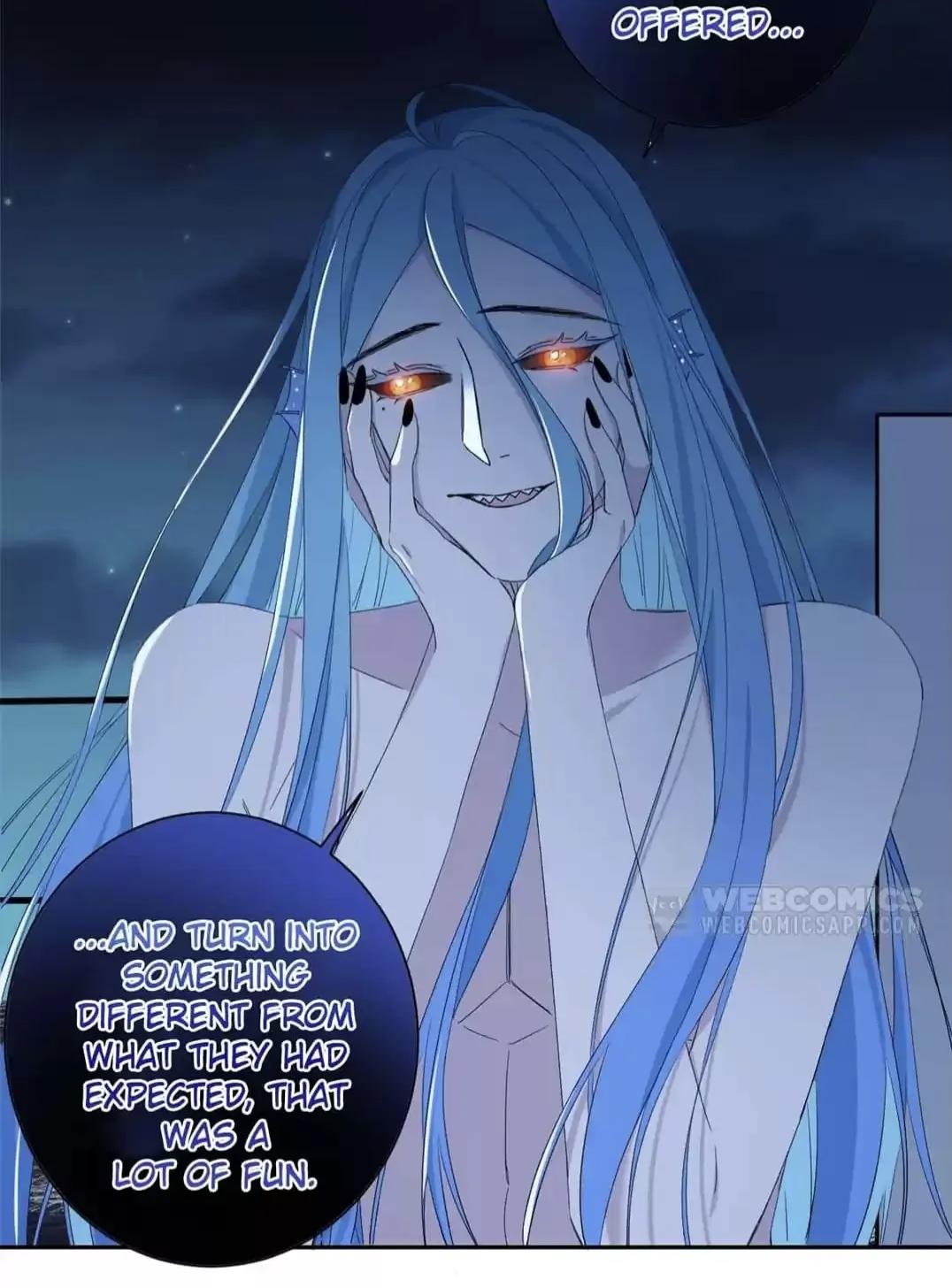 the image is a panel from a webcomic or manga. it features a young woman with long, flowing light blue hair and glowing red eyes.  she has a mischievous, almost sinister smile and is holding her hands to her cheeks. the background is dark blue, creating a contrast with her bright features. there are speech bubbles containing dialogue, suggesting the scene is part of a larger narrative. the art style is animeinspired, with a focus on expressive characters and a somewhat dramatic atmosphere. the overall mood is mysterious and slightly unsettling.