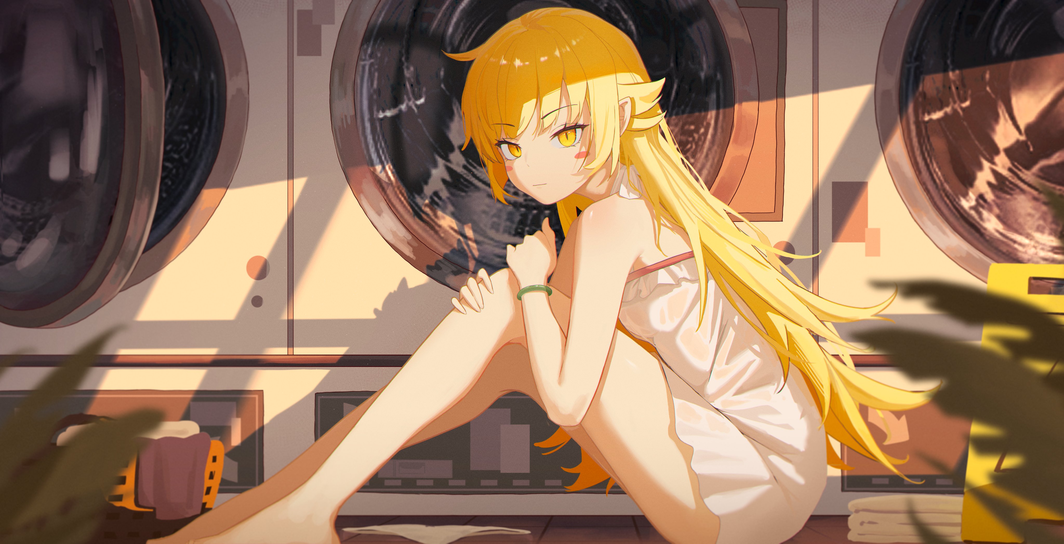 an animestyle illustration features a girl with blonde hair and yellow eyes sitting on the floor in a laundry room. she has pale skin and is wearing a casual white dress. behind her are several washing machines. the scene is bathed in warm light, creating stark shadows. the character resembles shinobu oshino.
