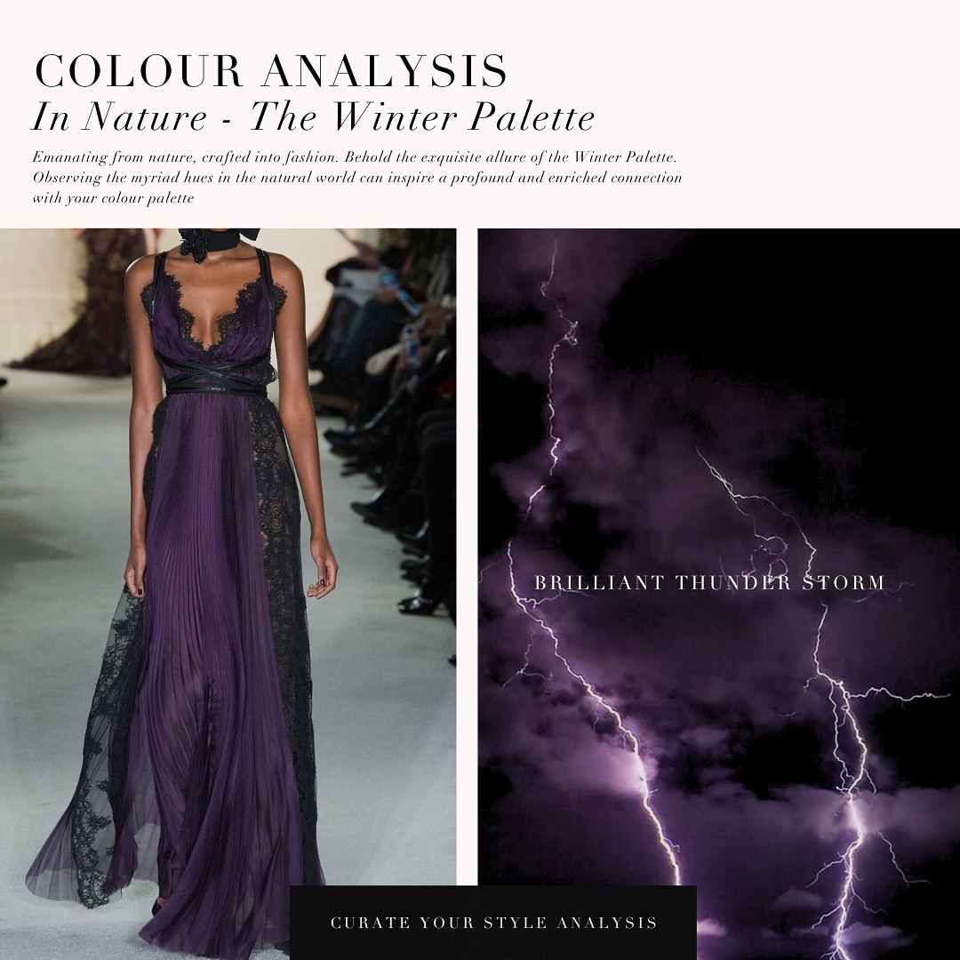 the image is a visual representation of a "winter colour palette" in fashion and nature. the layout features three sections: the top contains the title "colour analysis: in nature  the winter palette" and a brief description.  the left section shows a model on a runway wearing a long, elegant purple dress with black lace detailing. the right section showcases a dramatic photograph of a brilliant purple thunderstorm, highlighting the color palette's inspiration in nature. the bottom of the image contains the text "curate your style analysis". the overall aesthetic is sophisticated and dark, emphasizing the richness of the winter color palette.