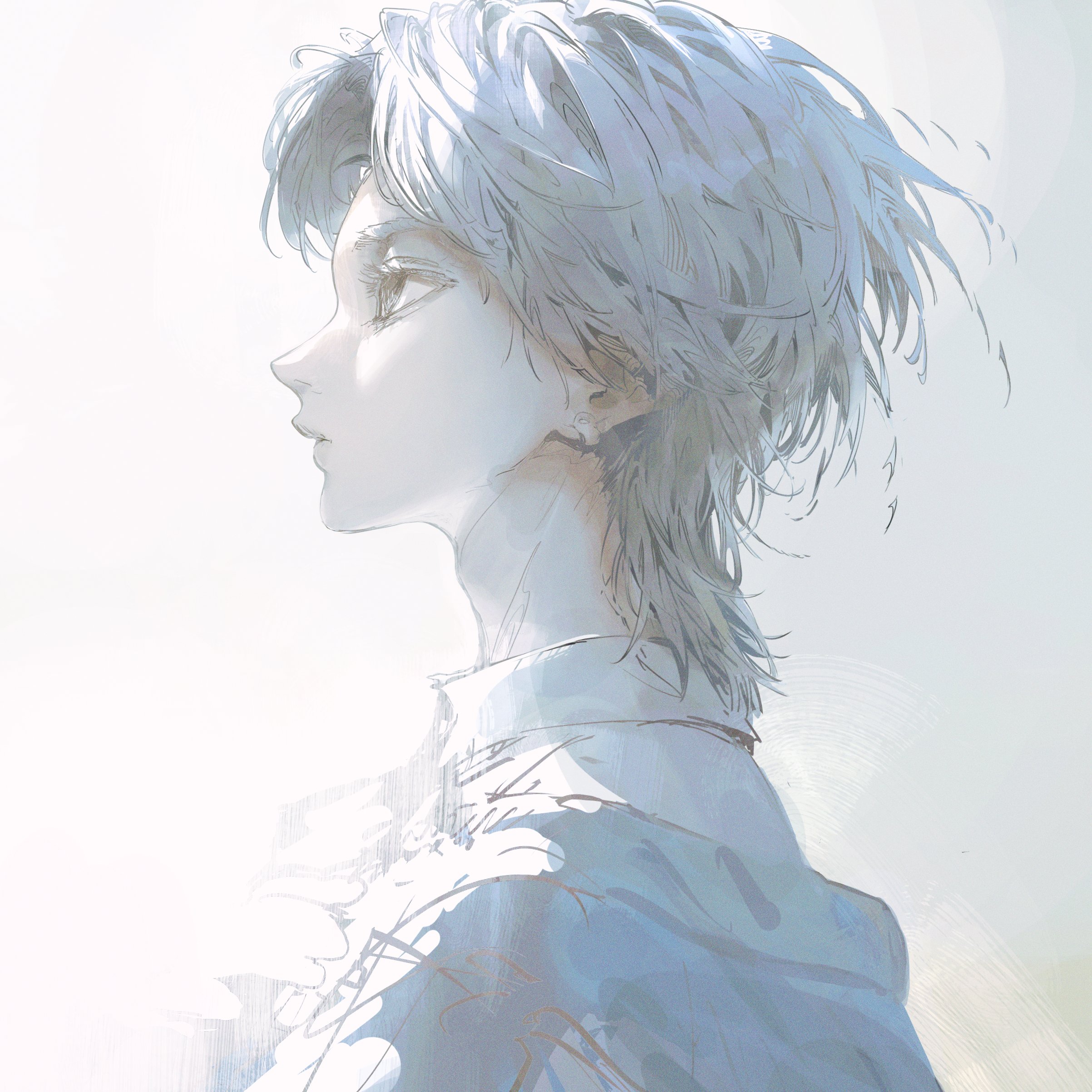 a detailed digital drawing of a young anime boy, with a side profile view, looking up and slightly to the right, with a pensive expression on his face. he has long, white hair and is wearing a blue, soft shirt with a white collar. the background is a simple, white gradient that makes the boy and his features stand out.  the soft colors and the subtle shading give the drawing a dreamy, ethereal feel. the overall mood of the image is peaceful, calm, and serene, with a touch of sadness or longing. the artist's style is very realistic and detailed, with a lot of attention to detail in the hair, eyes, and skin. the image is very aesthetically pleasing and captures a sense of tranquility and quiet contemplation.