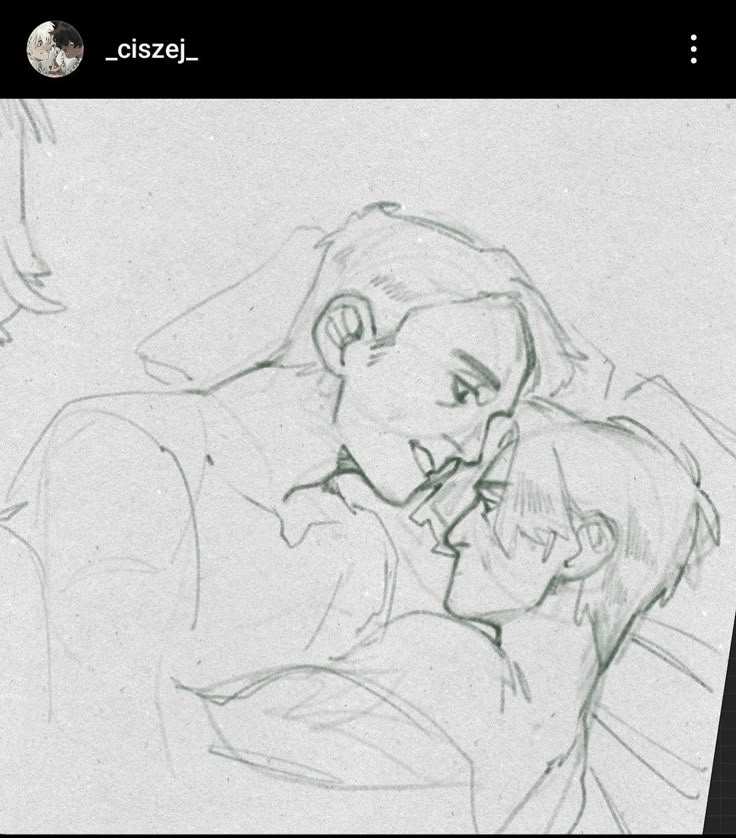 a sketch of two males in an intimate embrace, possibly hugging or kissing.