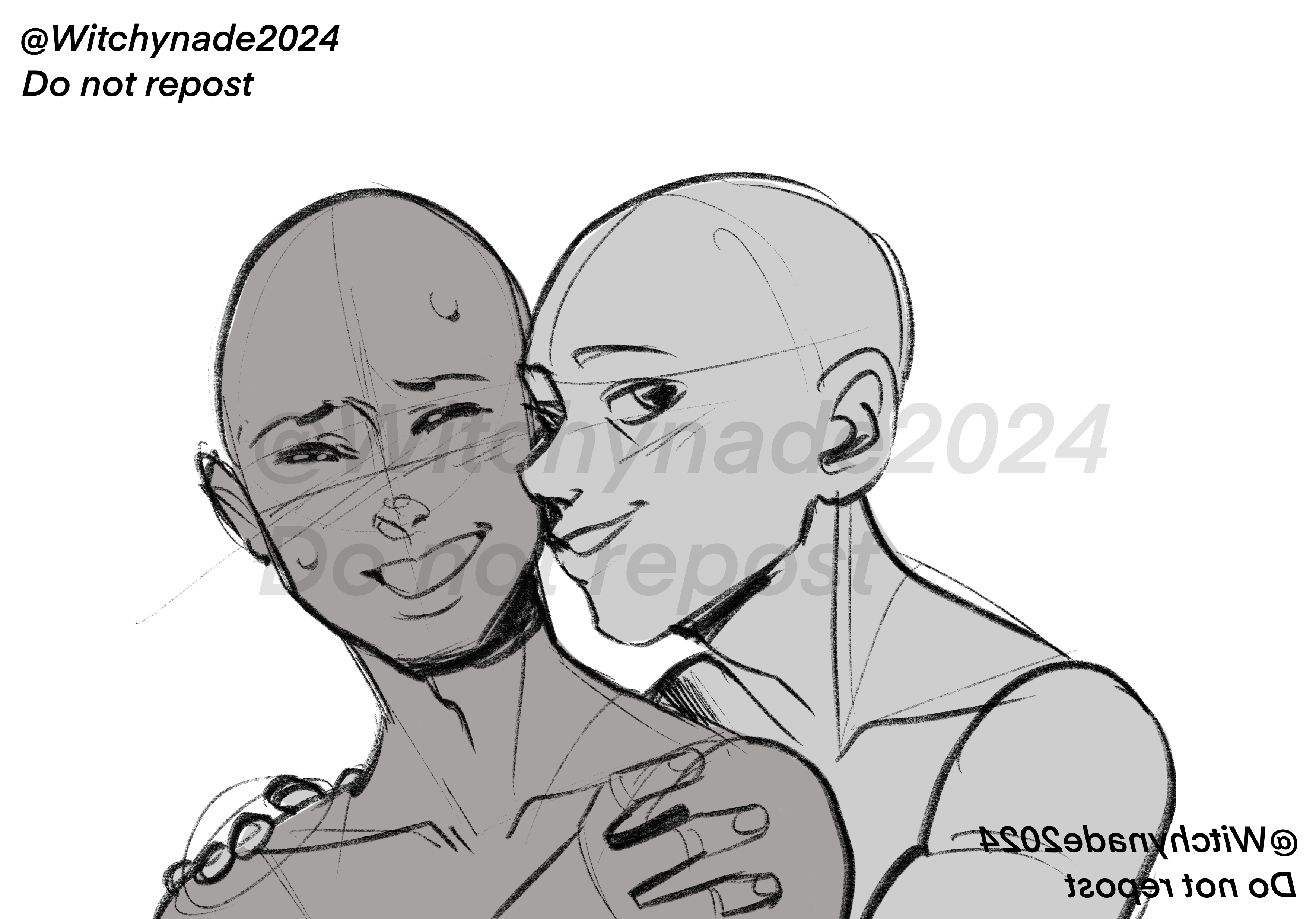 the image is a digital grayscale sketch or drawing showing a closeup of two figures, likely a couple, embracing in a tender hug.  the style is reminiscent of character design concept art or a pose reference for artists. both figures are drawn with simplified, almost skeletal anatomy, focusing on their posture and the emotional intimacy of the moment. one figure's face clearly shows happiness and a slightly closedeye smile, while the other figure has a gentle expression. the watermark "@witchynade2024 do not repost" is clearly visible, indicating the artist's ownership and copyright. the image is likely intended as a study or template for further artistic development, possibly for use in creating a more finished piece.