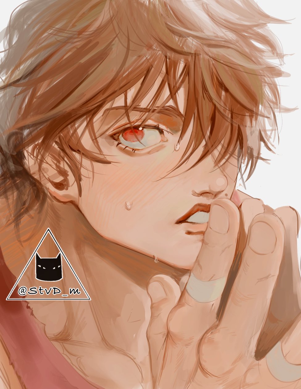a closeup portrait of a young anime male, with brown hair and a bright red eye.  his mouth is open and he has a finger to his lips, as if he is trying to stop himself from speaking. there is sweat visible on his skin. the art style is digital and very well done.