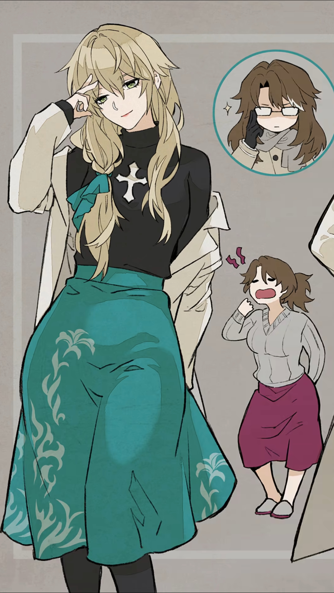the image is a stylized anime or mangastyle illustration featuring three female characters.  the central figure is a blonde woman with long hair, wearing a teal skirt, a black turtleneck, and a long white coat. she has her hand to her face in a pose suggesting thoughtfulness or confidence. to the upper right is a smaller illustration of a woman with brown hair and glasses, appearing somewhat surprised or impressed.  to the lower right is a shorter woman with brown hair, wearing a grey sweater and a maroon skirt,  who has a surprised and slightly openmouthed expression. the overall style is soft and slightly muted in color palette. the background is a simple, neutral grey.