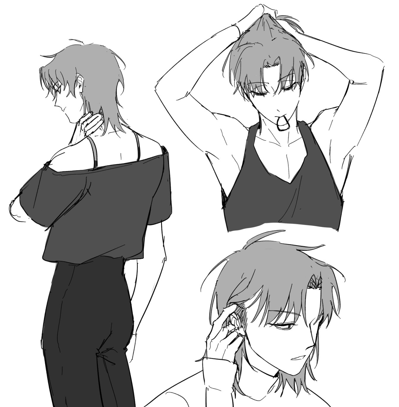 this is a black and white sketch of three male anime characters. the character on the left is wearing a black off the shoulder shirt with black pants, and is looking down. the character on the right is wearing a black tank top and is putting their hair up. the character on the bottom is holding their ear and looking down.