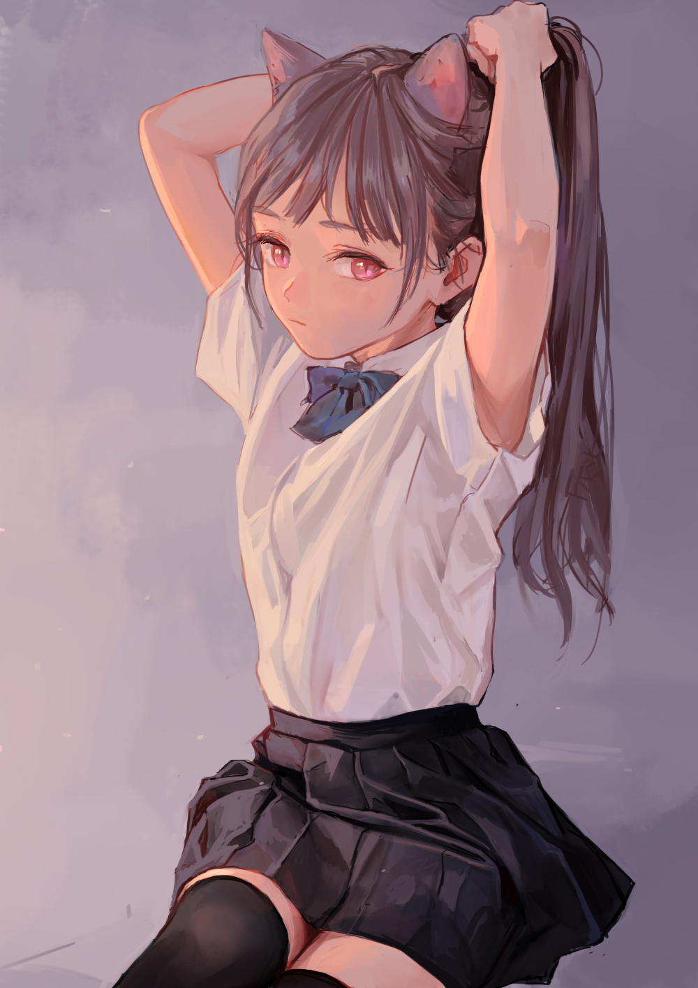 anime style illustration of a girl with cat ears and dark hair, wearing a white shirt with a blue bow tie and a short black skirt with black thighhigh socks, putting her hair into a ponytail.
