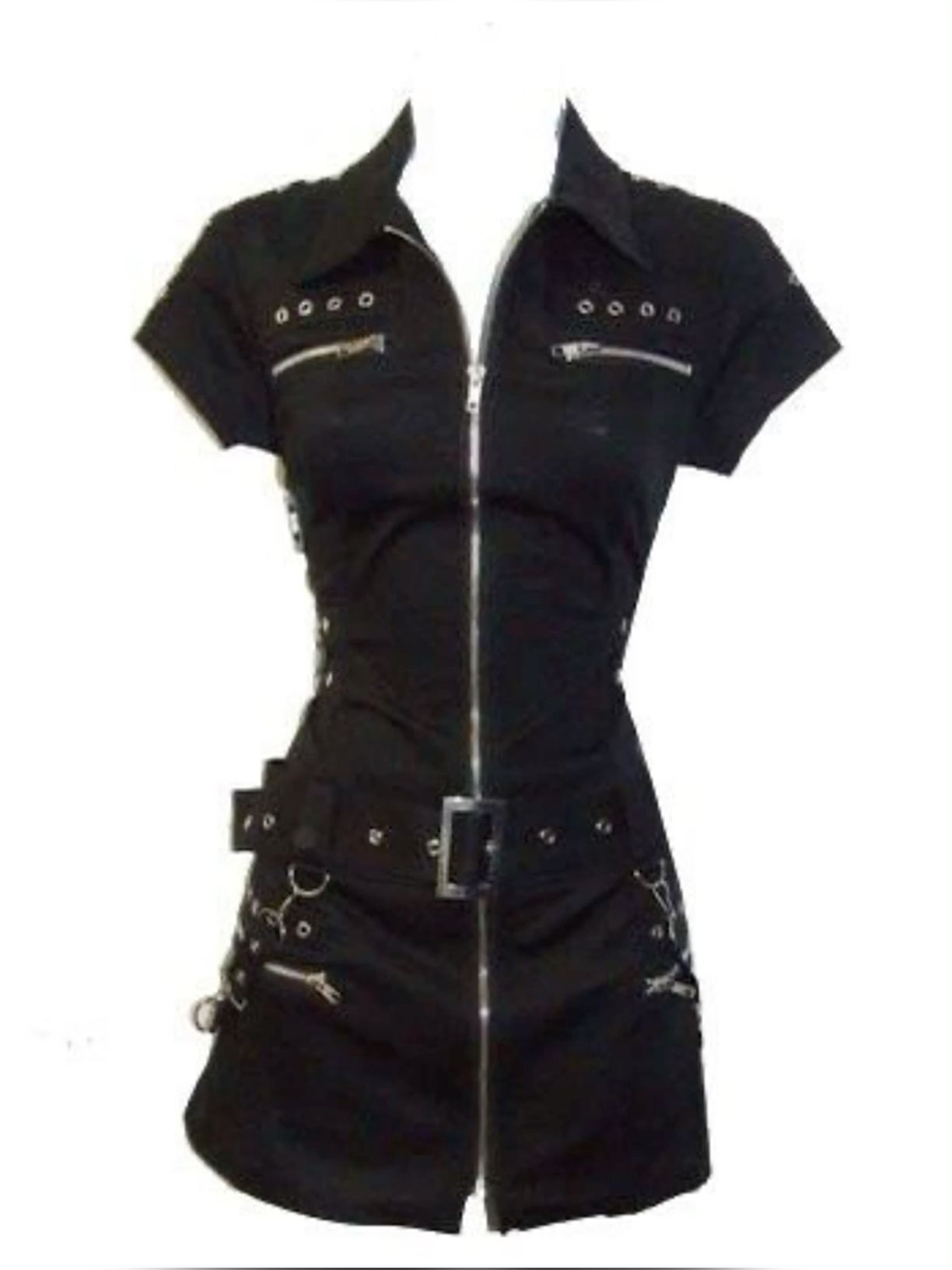 this is a black fitted mini dress with short sleeves and a zipper down the front. the dress features a black belt with silver buckles, and a silver zipper down the front. the dress is styled in a punk/gothic aesthetic.