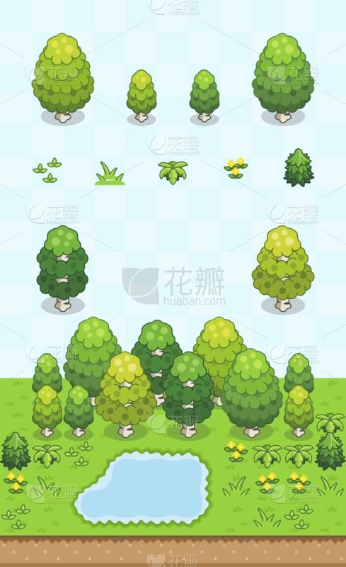 the image is a set of cartoonstyle game assets, likely for a topdown game. the assets consist of trees of various sizes and types, bushes, grass clumps, and a small pond. all elements are brightly colored and feature simple, clean lines, giving the overall image a cute and playful feel.