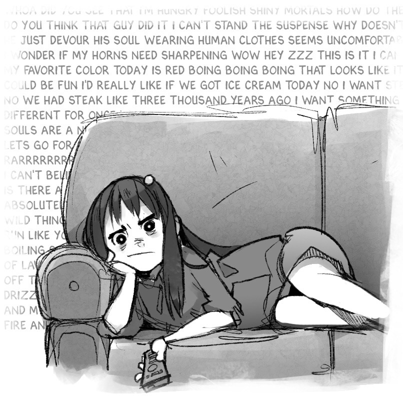 a black and white sketch of a young anime girl lying on a couch, looking bored. the style of the drawing is loose and expressive. the girl's face is the focal point, with exaggerated features emphasizing her boredom. a jumbled thought bubble above her head suggests restlessness and a stream of consciousness. she holds a tv remote, indicating she might be flipping through channels. the background is minimally detailed, further highlighting the girl and her mood.