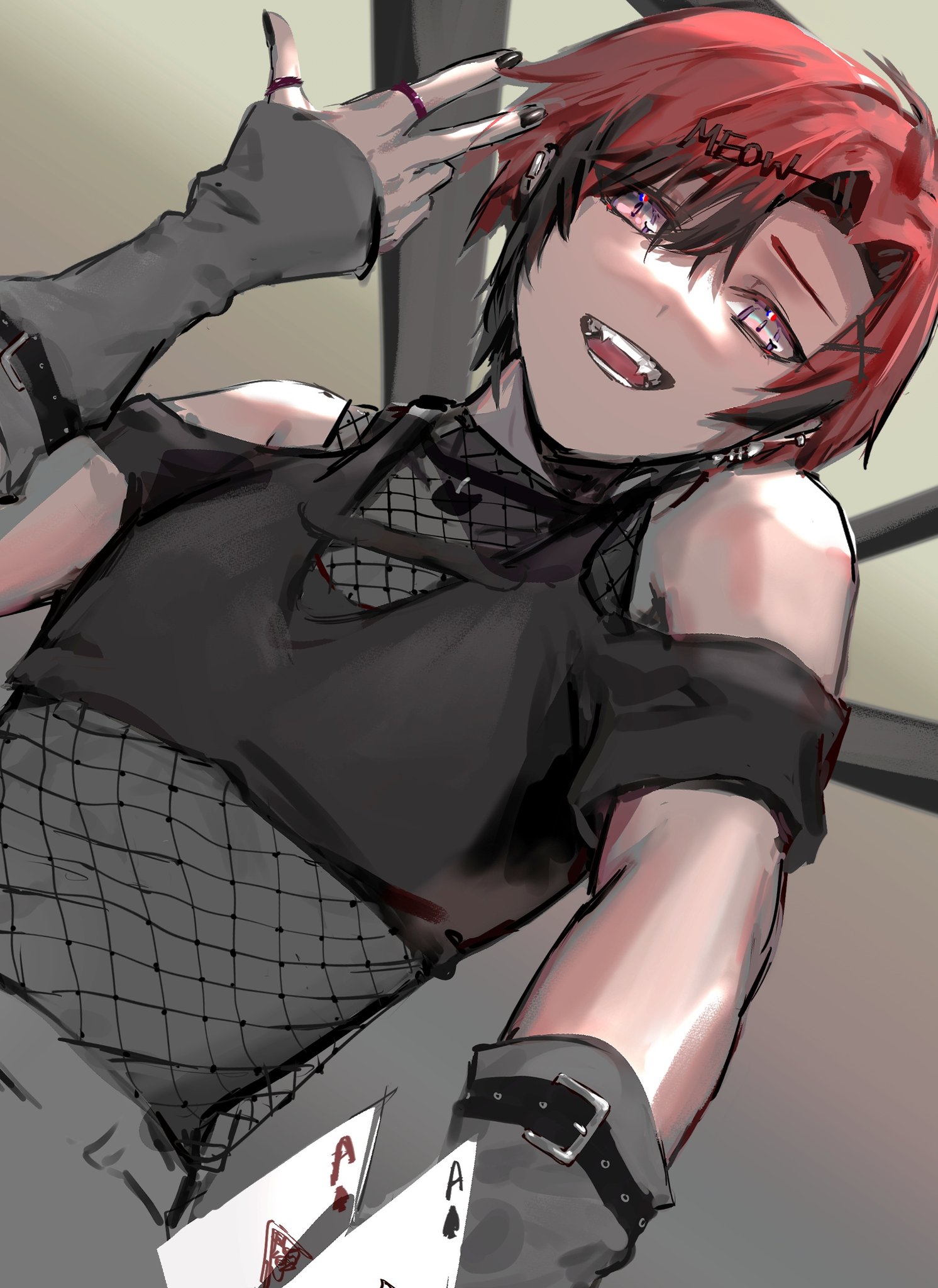 a closeup illustration of an animestyle boy with red hair, sporting goth/punk fashion, including a black mesh top, arm warmers, and studded accessories.  he's making a hand gesture, and playing cards are visible near his hand. his expression is a playful smirk. the art style is painterly and slightly loose, with a focus on texture and mood.