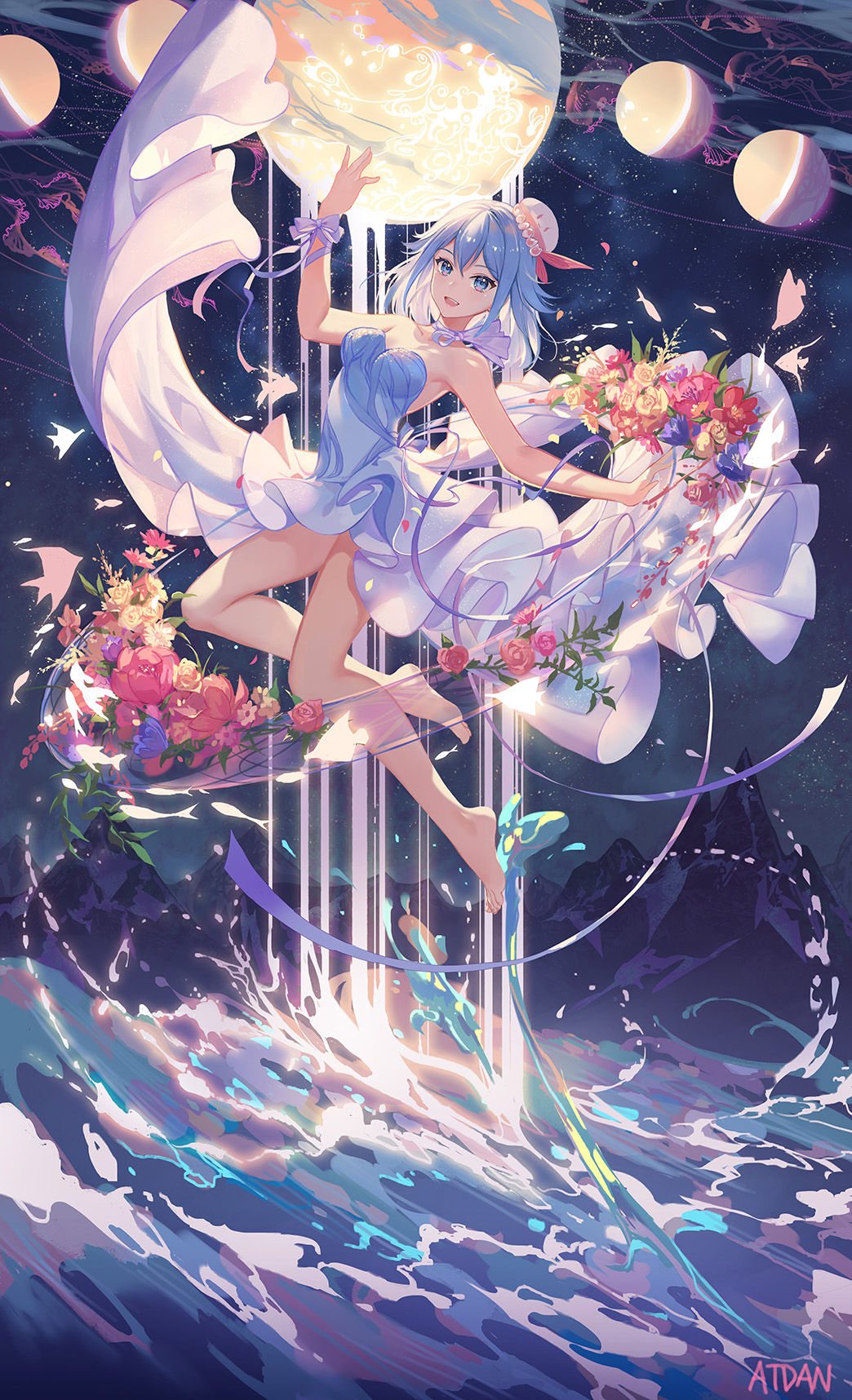 he image is a digital painting of an animestyle girl in a wedding dress. she has long, flowing blue hair and is holding a bouquet of flowers. she is surrounded by water and is standing in front of a large moon. the sky is dark and starry. the overall style is ethereal and magical.