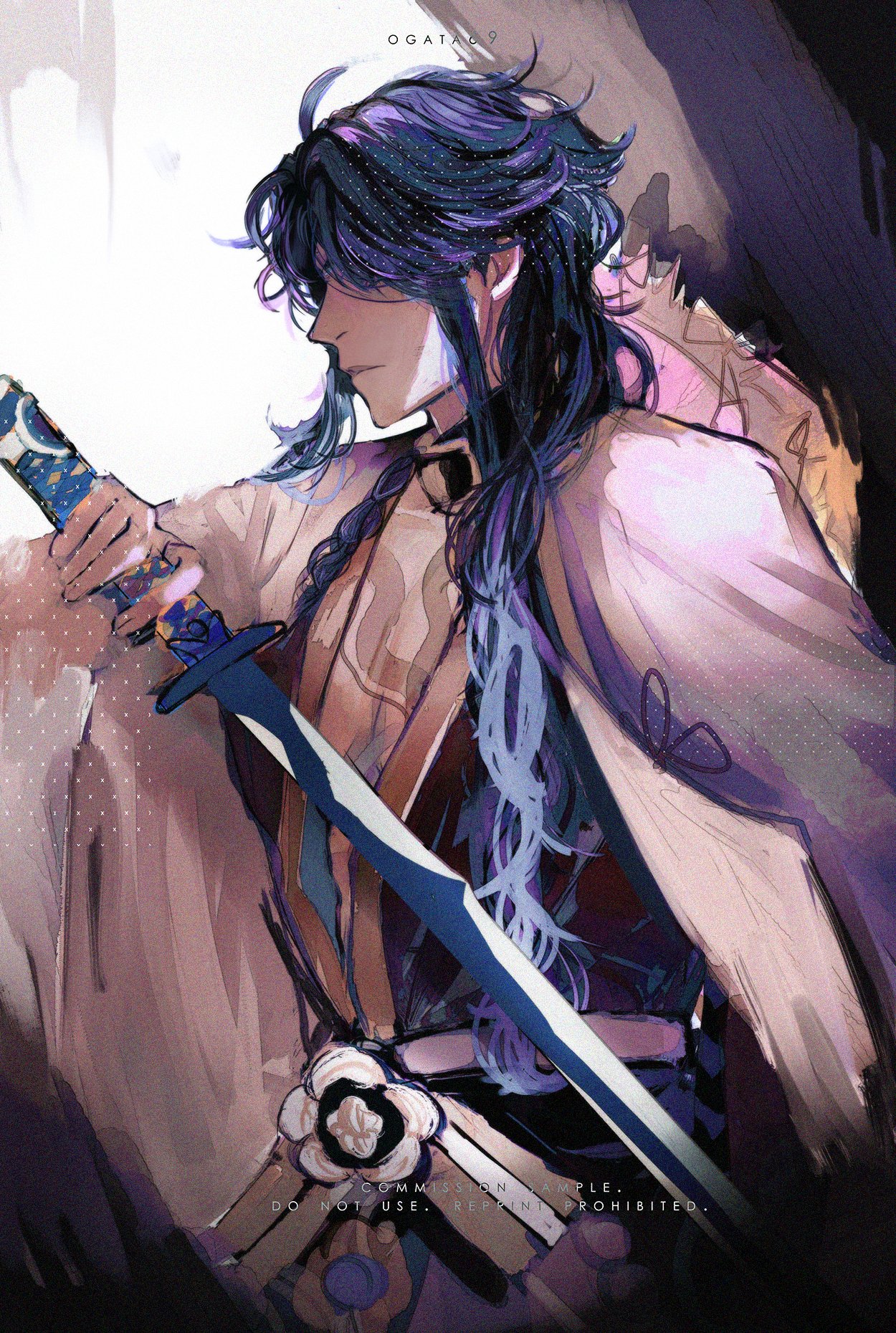 a digital illustration of an anime character. the character is a young man with long purple hair. he has a sword in his hand and a blue cape on. he has a white background. the image is in an anime style.