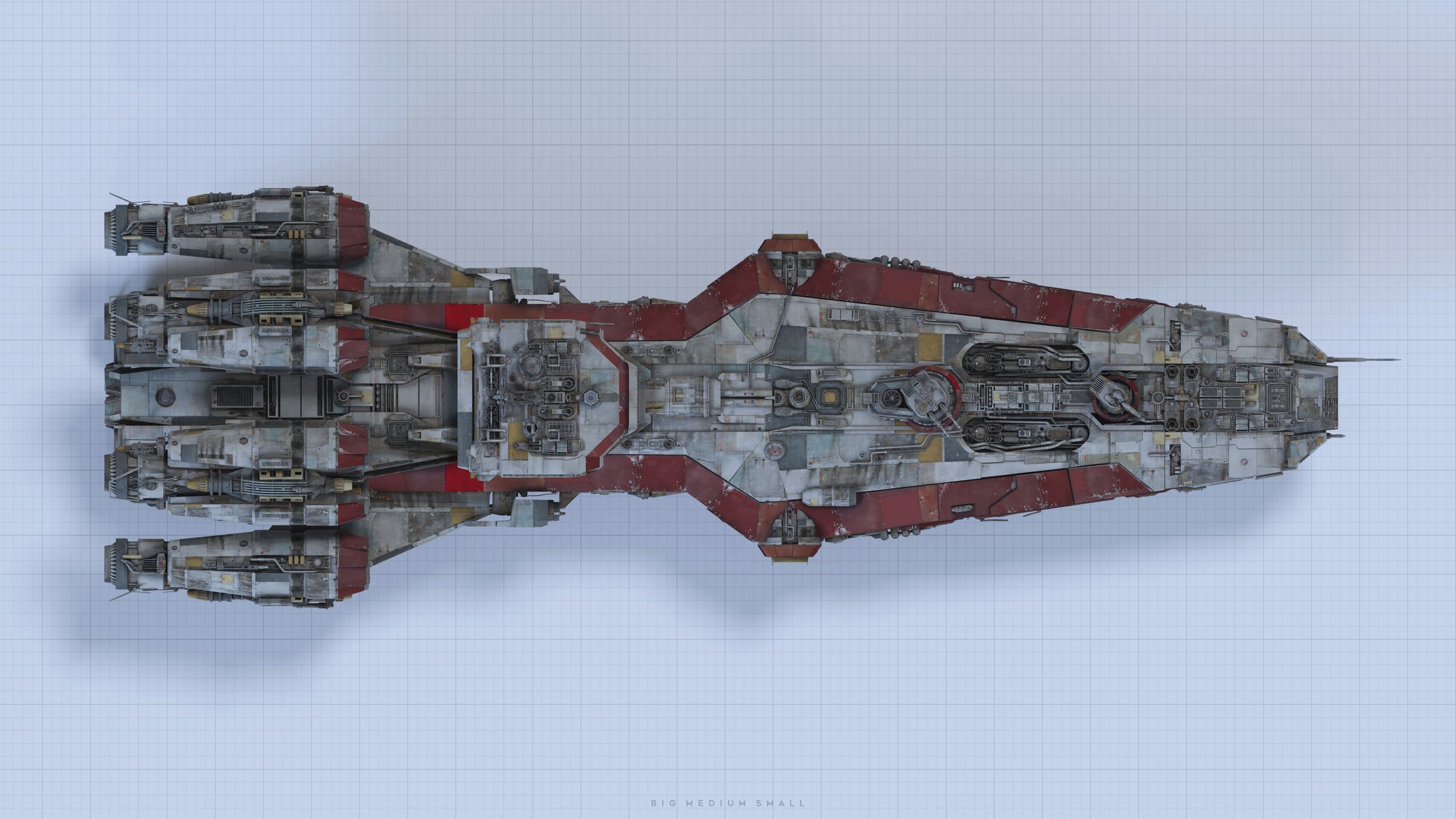 the image is a detailed, topdown 3d rendering of a large, futuristic spaceship. the vessel is depicted on a light blue gridded background reminiscent of a blueprint or engineering design sheet.  the spaceship's design is complex, showing numerous engines, compartments, and other structural details. it appears aged or battleworn, with a faded paint job showing a mix of reddishbrown and greyishwhite tones. the overall shape is elongated with a prominent central section and several smaller engines or thrusters on either side at the rear. the image suggests a scene from a science fiction setting, potentially illustrating a spaceship design, possibly for military or civilian use. the text "big medium small" is barely visible in the bottom right corner.