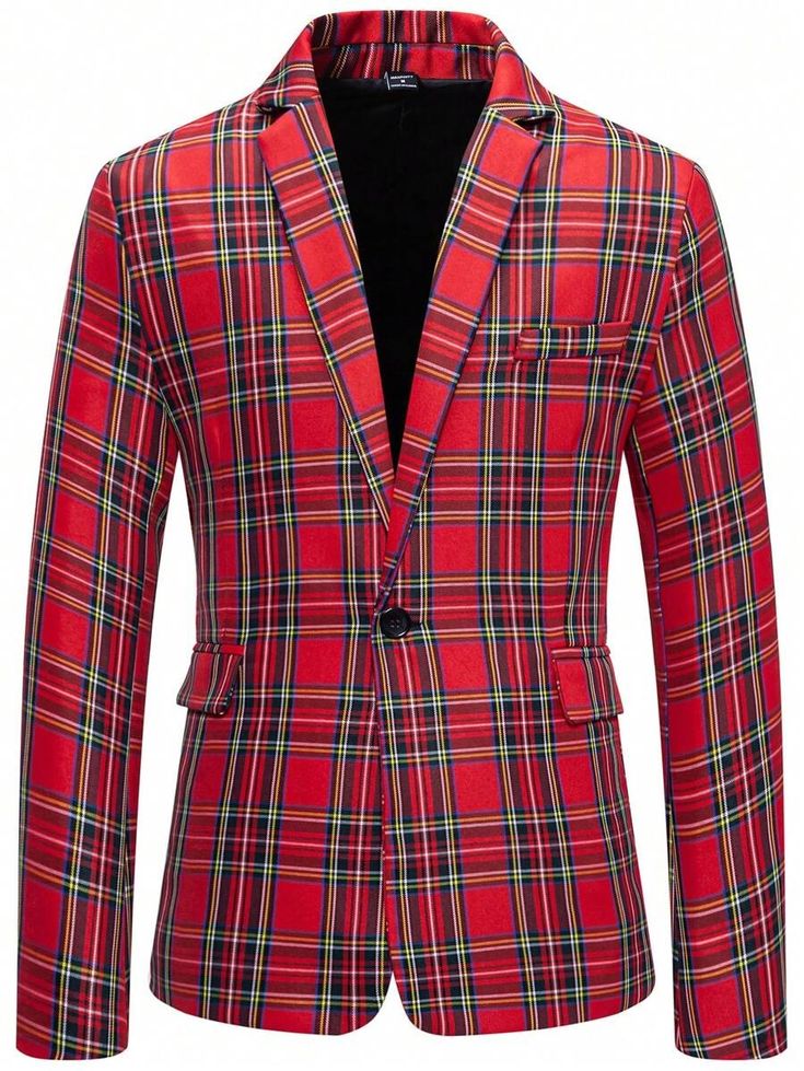 a red tartan plaid suit jacket with a single button closure.