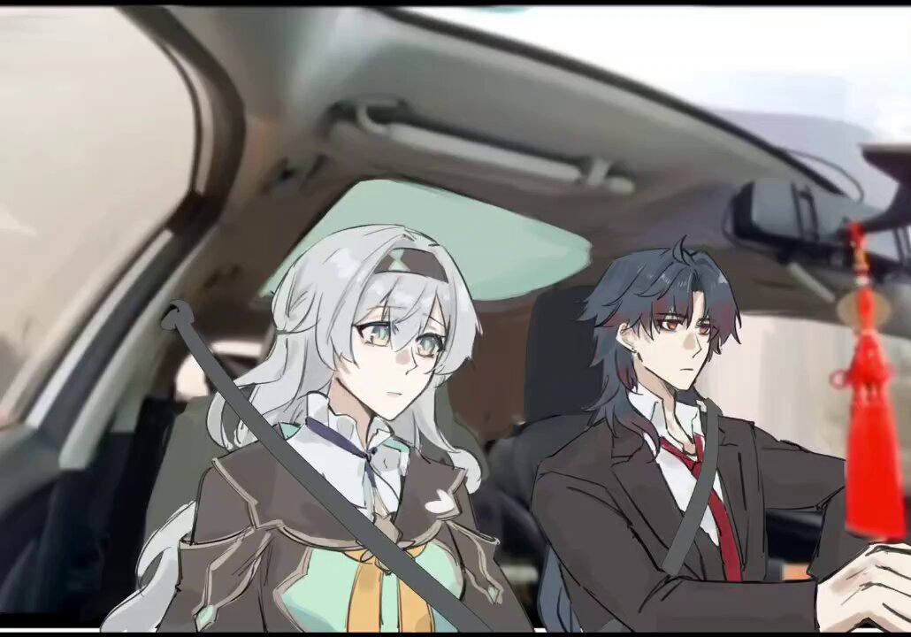an anime boy and girl are seated in the front seats of a car. the girl has long, white hair and is wearing a lightcolored dress with a black jacket. the boy has dark, long hair and is wearing a dark suit. the girl appears to be looking straight ahead, while the boy is looking out the passenger window. the boy has a serious expression on his face.