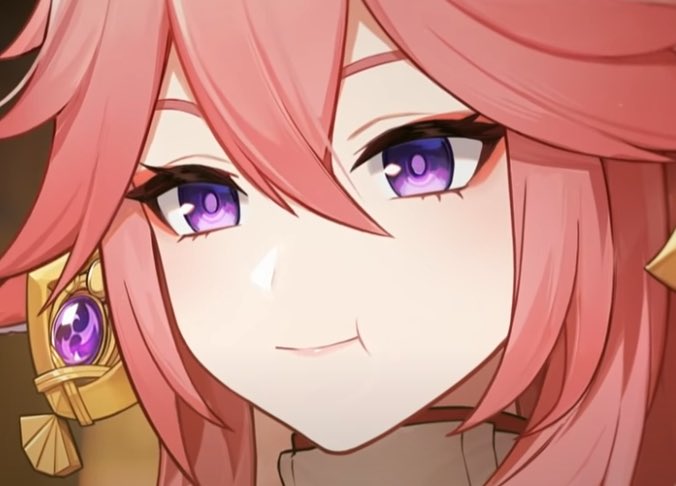 a closeup portrait of a young anime girl with pink hair and purple eyes. she is smiling softly, and her expression is gentle and inviting. the background is blurred, but it appears to be a light blue color, suggesting a peaceful and serene atmosphere. the overall impression of the image is one of beauty, grace, and serenity. this is a digital art piece, probably a character from the game genshin impact,  raiden shogun or ei.