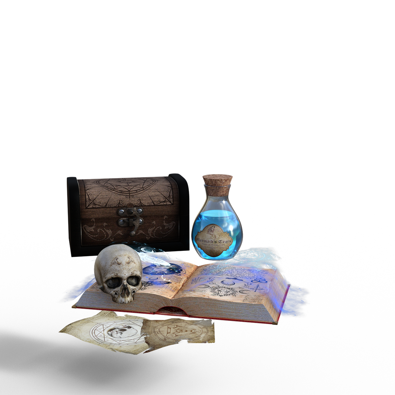 a skull sits on top of an open spell book, next to a wooden chest and a bottle of "mermaid's tears" potion. several pieces of parchment with drawings and symbols lie below the book. the background is black.
