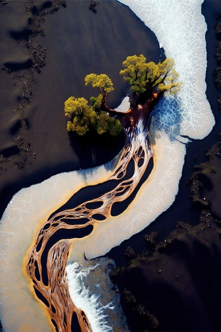 aerial view of a tree and river delta with branches stretching out into the wetlands. the water is surrounded by mud, with a mix of dark and white colors. the tree has yellow foliage and brown branches.