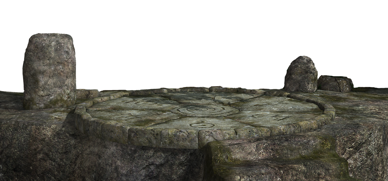 the image shows a stone circle on top of a rocky plateau. the circle is made of carved stones with ancient symbols etched into them. moss grows on the rocks and stones. there are a few standing stones around the stone circle, and the background is black.