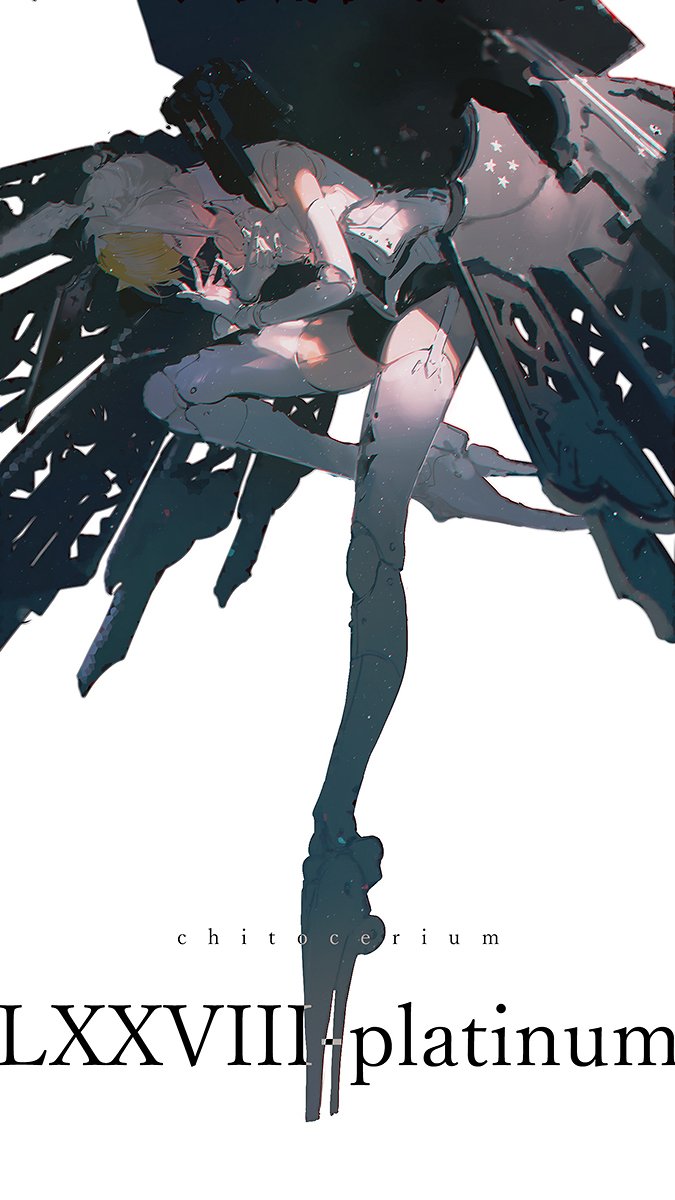 the image is a digital illustration featuring a female figure with mecha elements, rendered in an animeinspired style. the figure has blonde hair and is partially clothed in futuristic armor, augmented with robotic wings. the overall aesthetic conveys a sense of technology, strength, and a blend of organic and artificial components. the text "chito cerium lxxviii platinum" is present at the bottom, suggesting a title or name associated with the character or artwork.